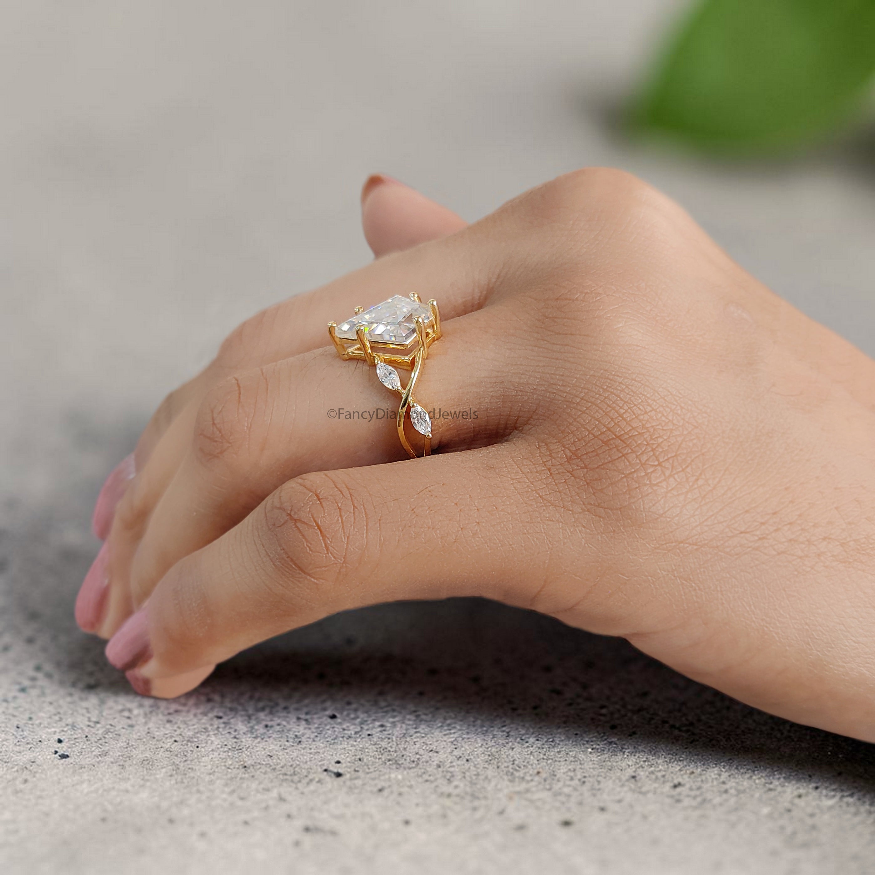 Kite Moissanite Engagement Ring, 14K Yellow Gold Ring, Marquise Cluster Side Stones, Vintage Inspired Bridal Ring, Unique Wedding Ring FD550