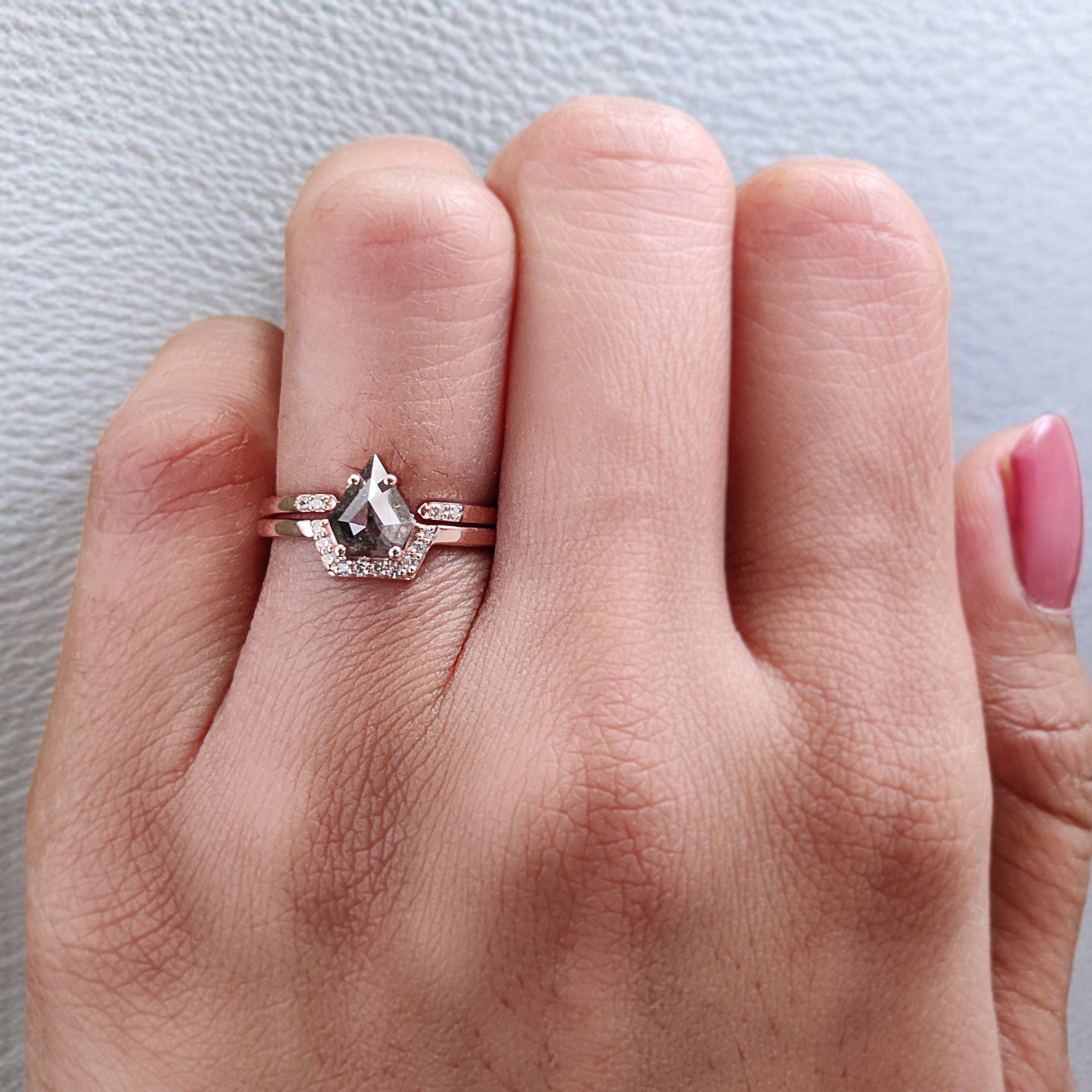 Shield Salt And Pepper Diamond Ring 0.88 CT 7.20 MM Shield Diamond Wedding Ring Set Rose Gold Silver Engagement Ring Gift For Her KDN9205