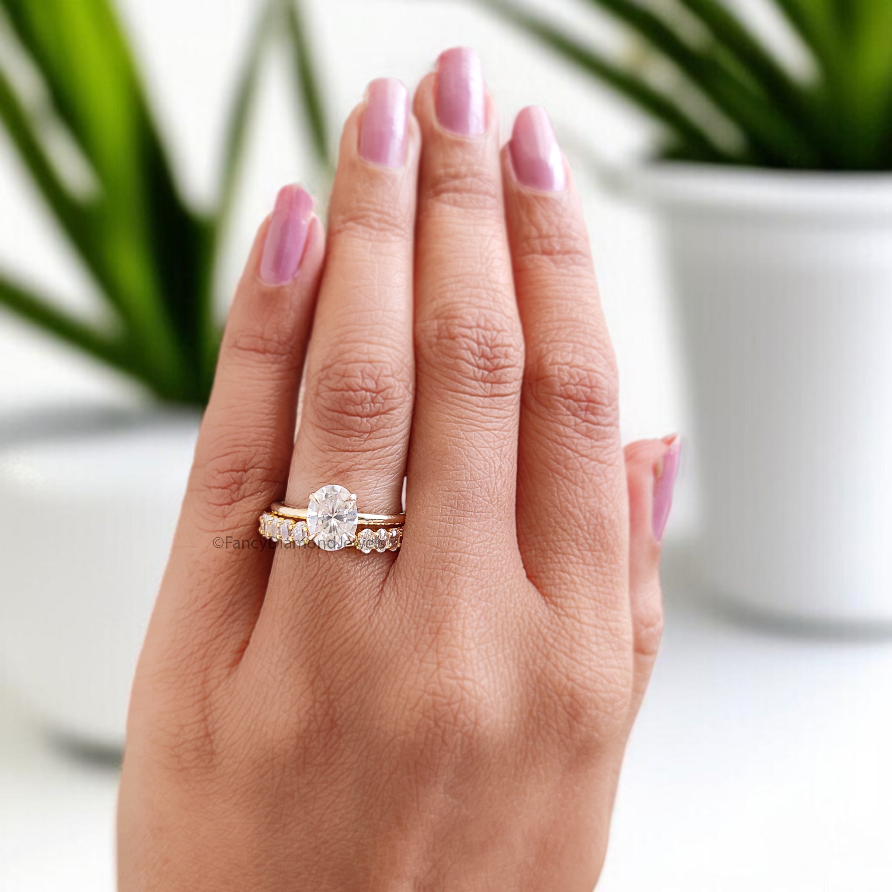 Oval Cut Diamond Wedding Band Yellow Gold Unique Half Eternity Wedding Band Vintage Notched Stacking Matching Bridal Gift For Her FD526