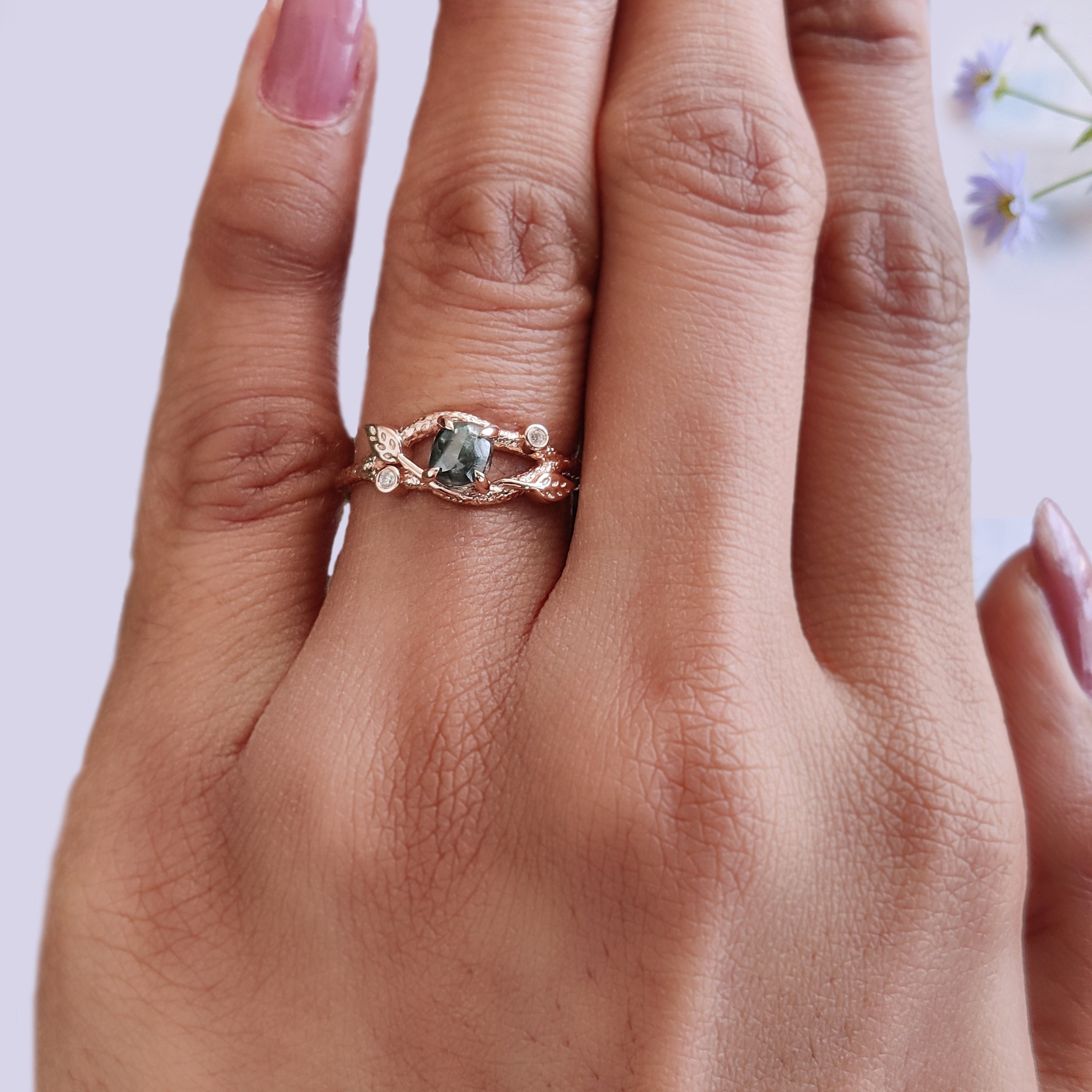 Rough Blue Color Diamond Ring 0.81 Ct 5.45 MM Crystal Rough Diamond Ring 14K Solid Rose Gold Silver Engagement Ring Gift For Her QL2228