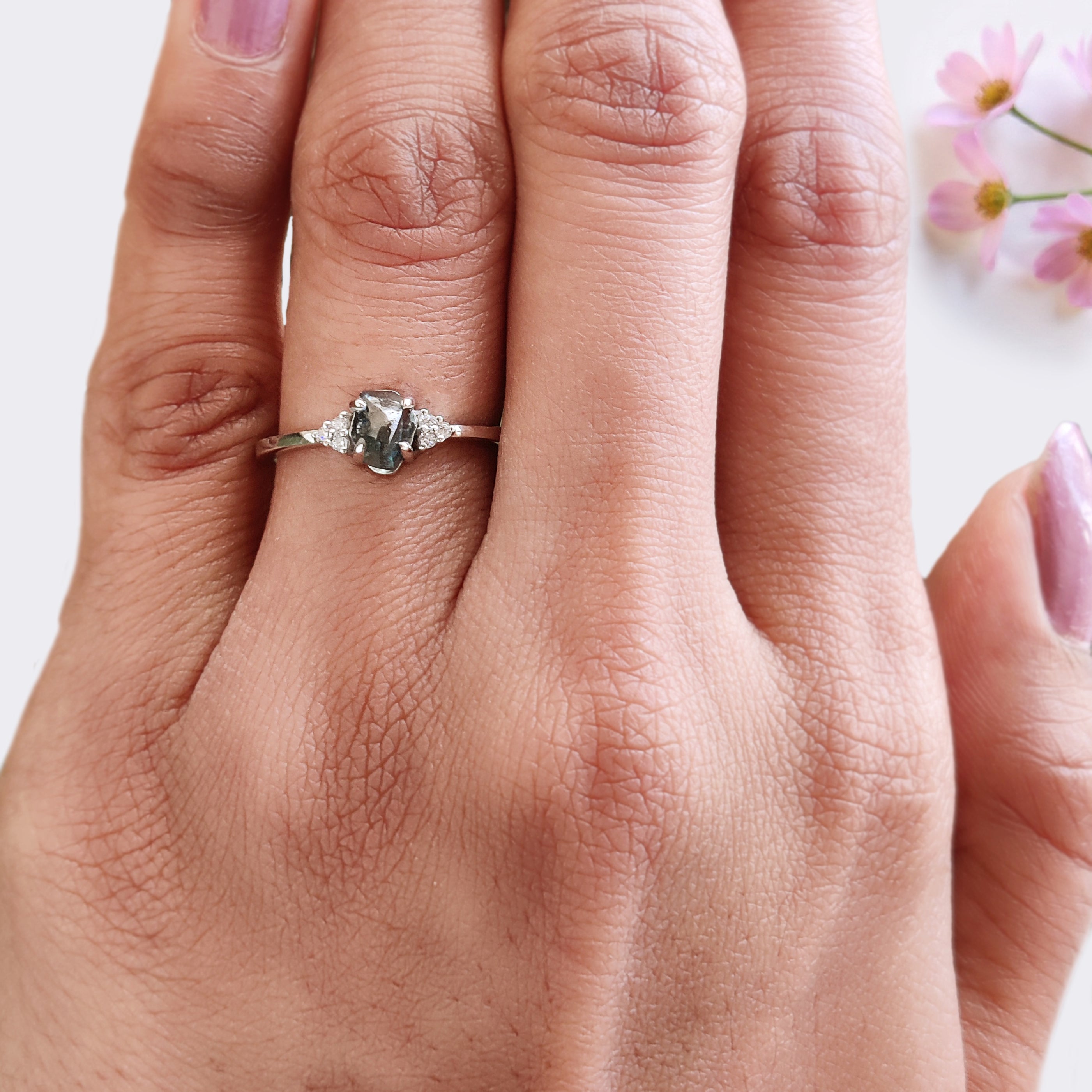 Rough Blue Color Diamond Ring 0.99 Ct 5.83 MM Crystal Rough Diamond Ring 14K Solid White Gold Silver Engagement Ring Gift For Her QL2361