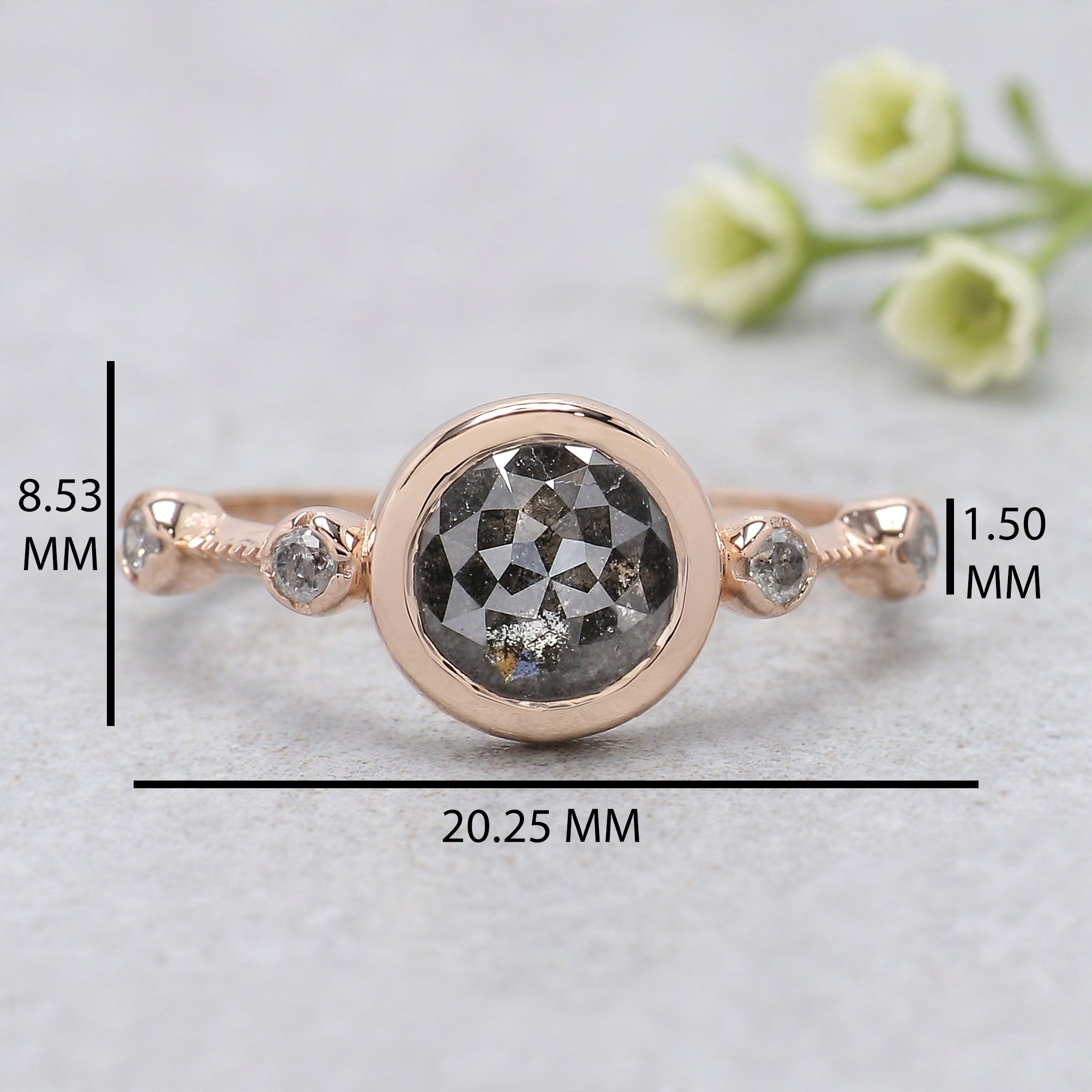 Round Rose Cut Salt And Pepper Diamond Ring 1.23 Ct 6.80 MM Round Cut Diamond Ring 14K Rose Gold Silver Engagement Ring Gift For Her KDL1167