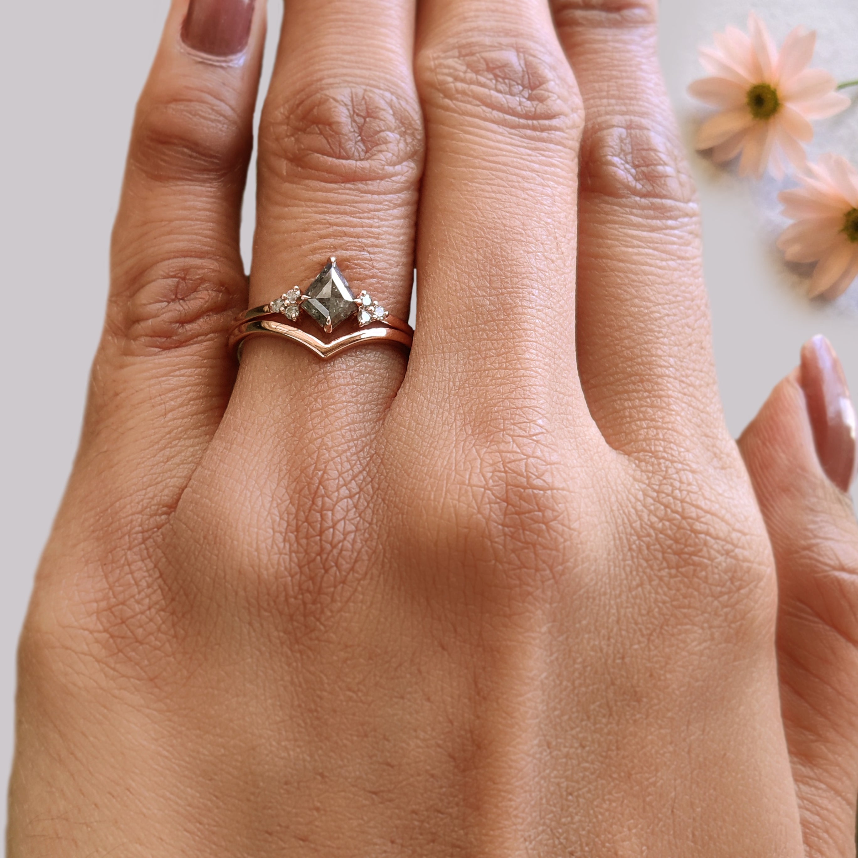 Kite Cut Salt And Pepper Diamond Ring 0.60 Ct 7.20 MM Kite Diamond Ring 14K Solid Rose Gold Silver Engagement Ring Set Gift For Her KDN2095