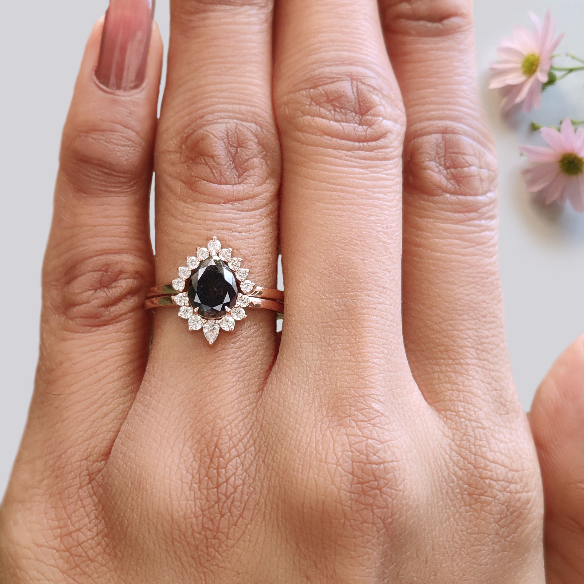 Pear Cut Salt And Pepper Diamond Ring 1.02 Ct 7.95 MM Pear Diamond Ring 14K Rose Gold Silver Pear Engagement Ring Set Gift For Her KDL3002