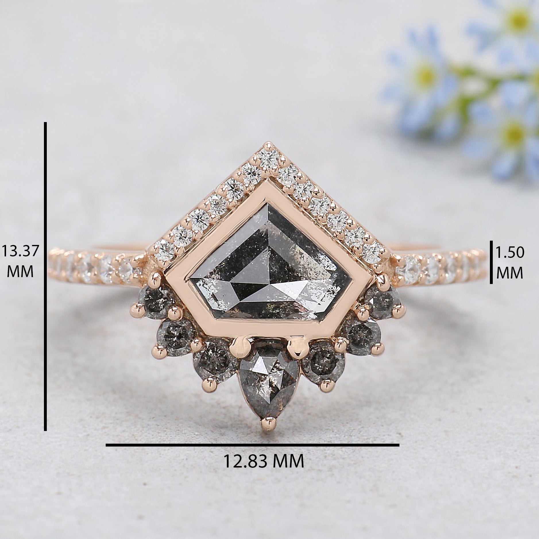 0.90 Ct Natural Shield Shape Salt And Pepper Diamond Ring 5.55 MM Shield Cut Diamond Ring 14K Solid Rose Gold Silver Engagement Ring KDN767