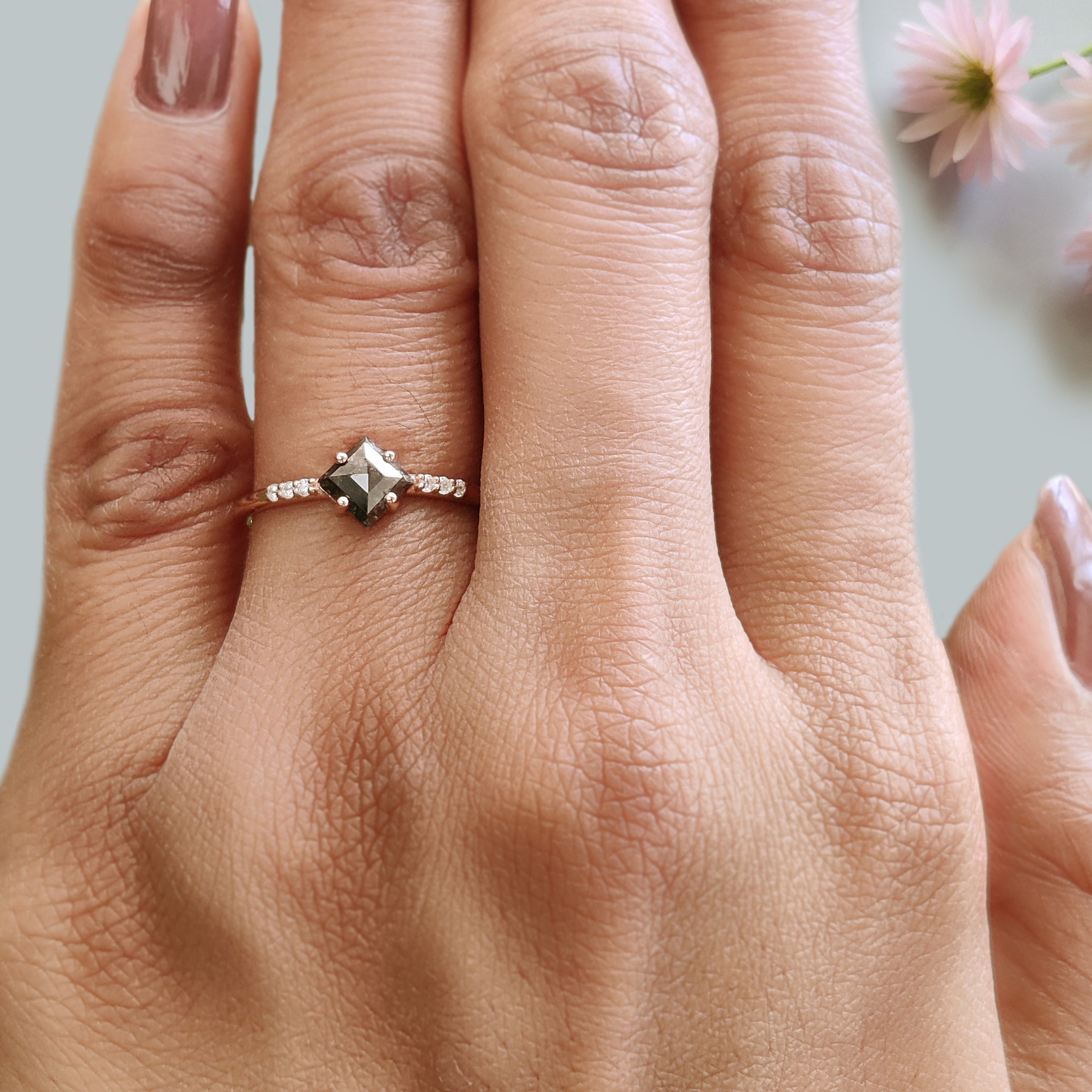 Kite Shape Black Color Diamond Ring 0.65 Ct 6.75 MM Kite Diamond Ring 14K Solid Rose Gold Silver Kite Engagement Ring Gift For Her KDN808