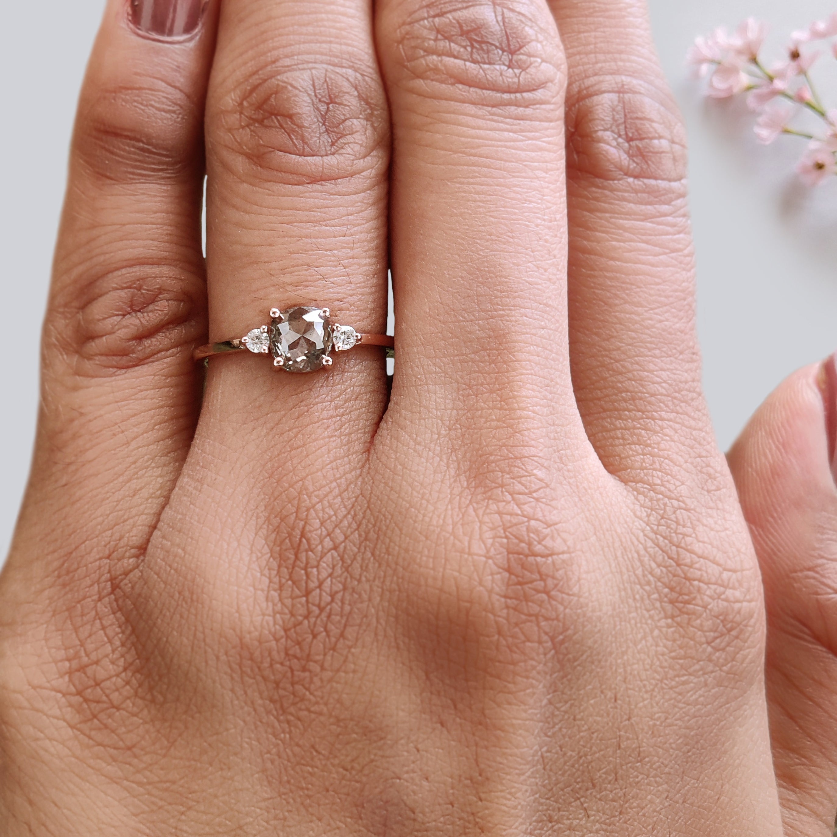 Cushion Cut Salt and Pepper Diamond Ring Natural Diamond Engagement Ring 14K Rose Gold Silver Rustic Unique Bridal Ring Gift for Her KDL533