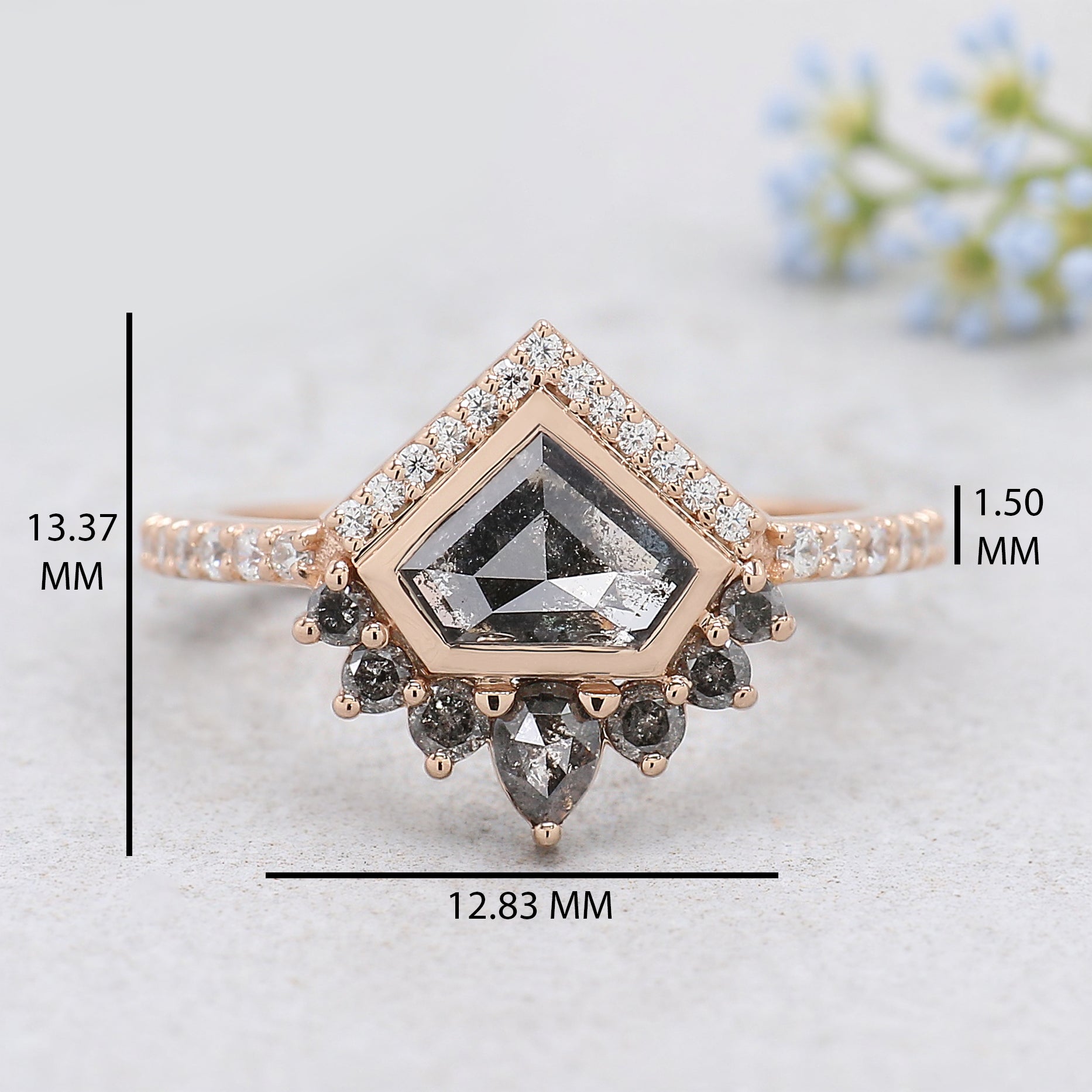 0.90 Ct Natural Shield Shape Salt And Pepper Diamond Ring 5.55 MM Shield Cut Diamond Ring 14K Solid Rose Gold Silver Engagement Ring KDN767