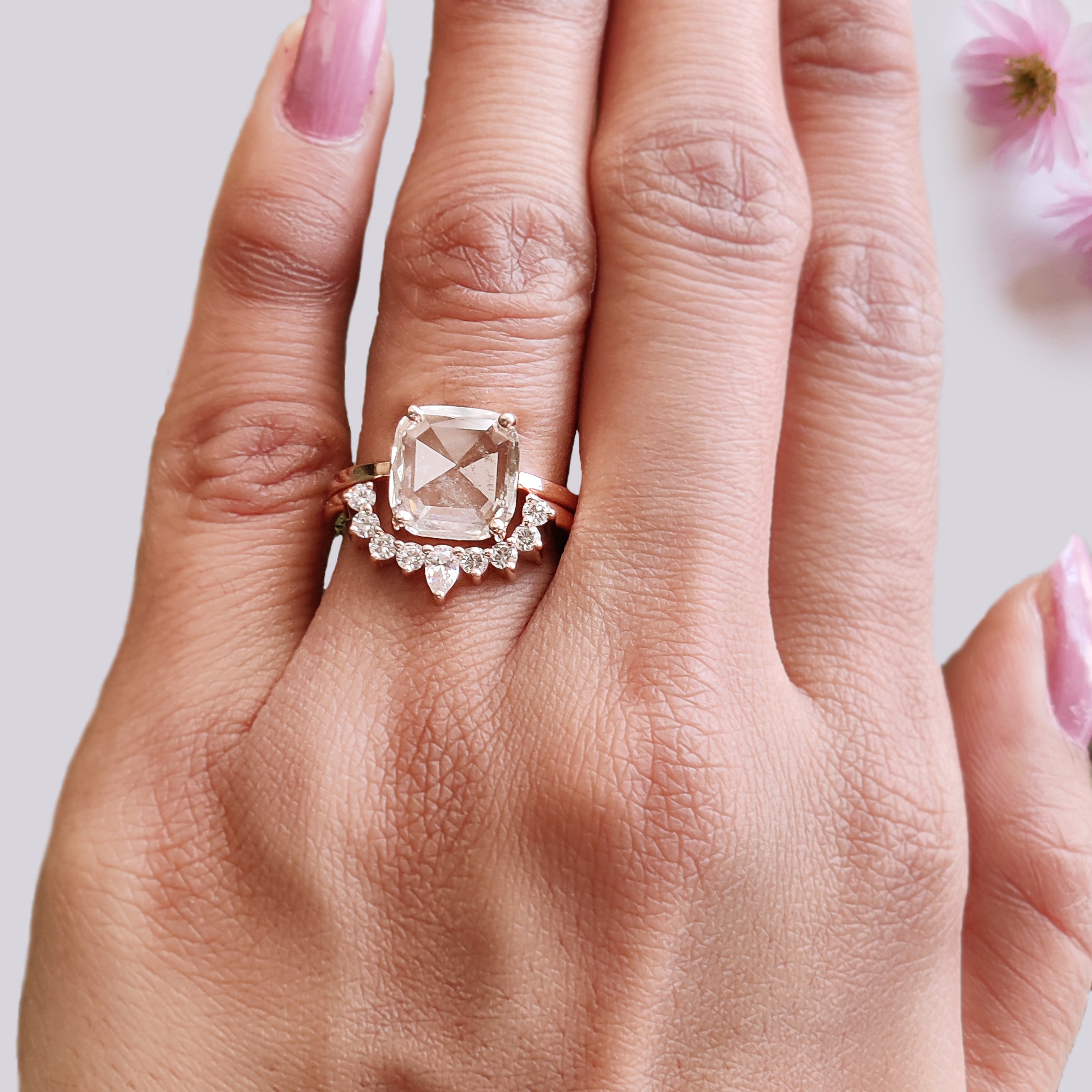 1.93 CT Cushion Lab Grown Diamond Ring Cushion Fancy Black Grey Salt And Pepper Diamond Ring Engagement Ring Bridal Wedding Ring Set KDL3517