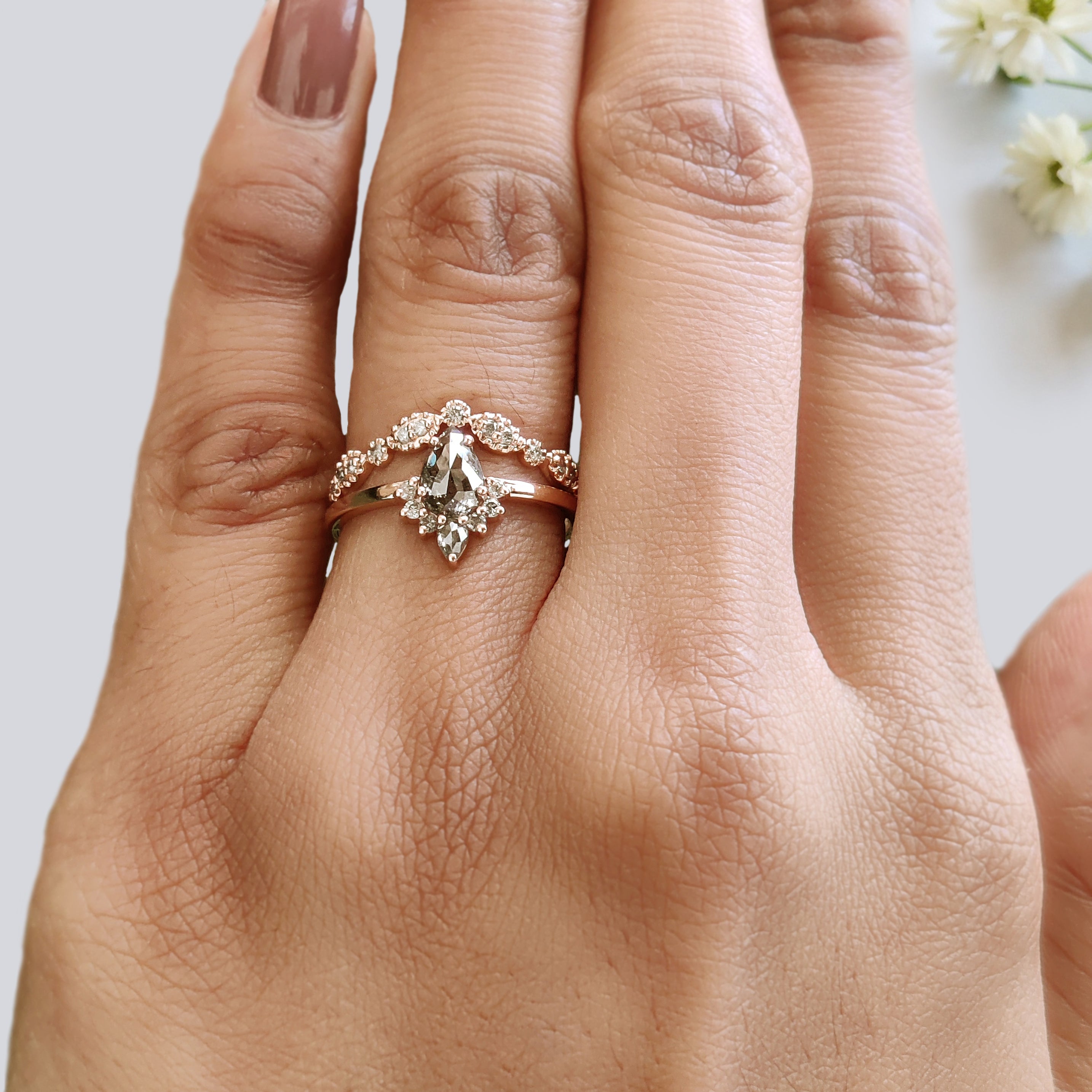 Pear Cut Salt And Pepper Diamond Ring 0.48 Ct 6.65 MM Pear Diamond Ring 14K Rose Gold Silver Pear Engagement Ring Set Gift For Her KDN976