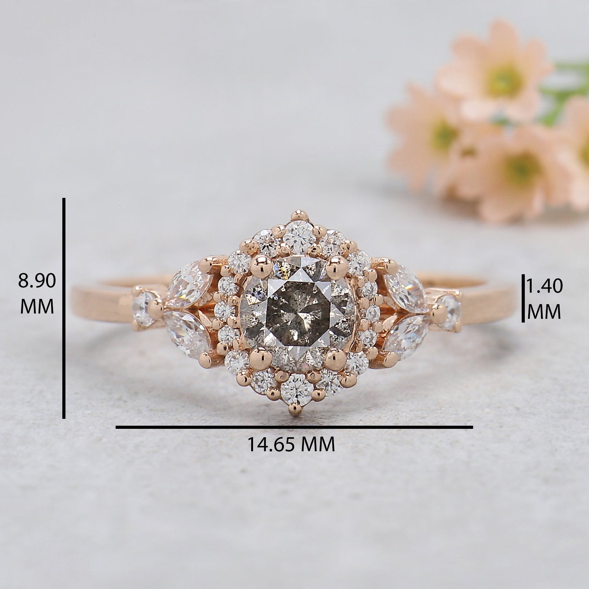 0.45 Ct Natural Round Shape Salt And Pepper Diamond Ring 4.80 MM Round Cut Diamond Ring 14K Solid Rose Gold Silver Engagement Ring KDN810