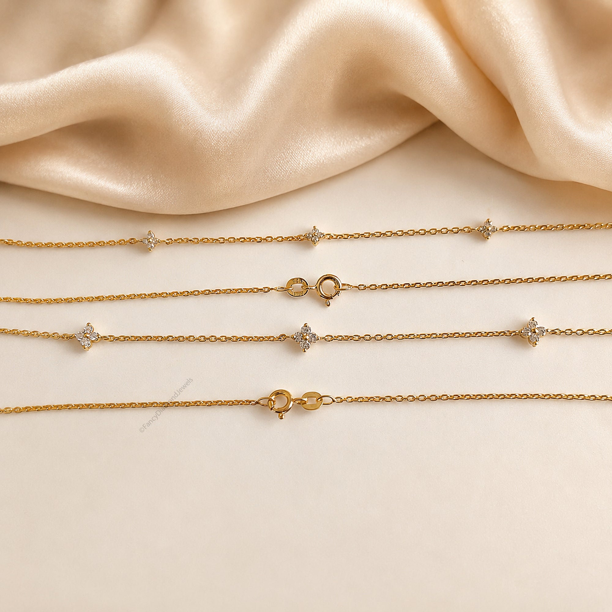 18K Gold Attached Diamond Station Necklace | Four Leaf Clover Star Necklace | Dainty or Large Diamond Chain | Everyday Fine Jewelry FD569