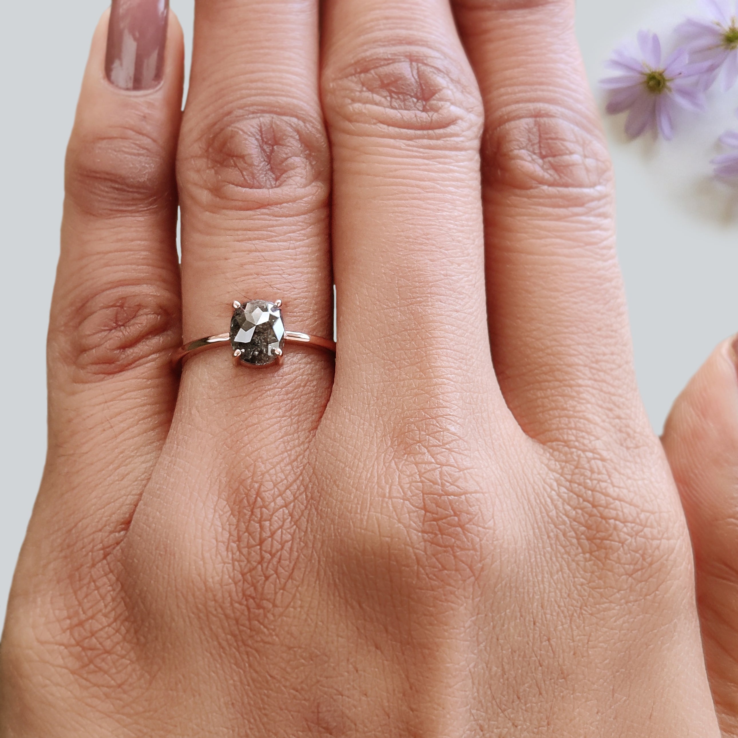 Oval Cut Salt And Pepper Diamond Ring 1.04 Ct 6.84 MM Oval Diamond Ring 14K Solid Rose Gold Silver Oval Engagement Ring Gift For Her KDL2015