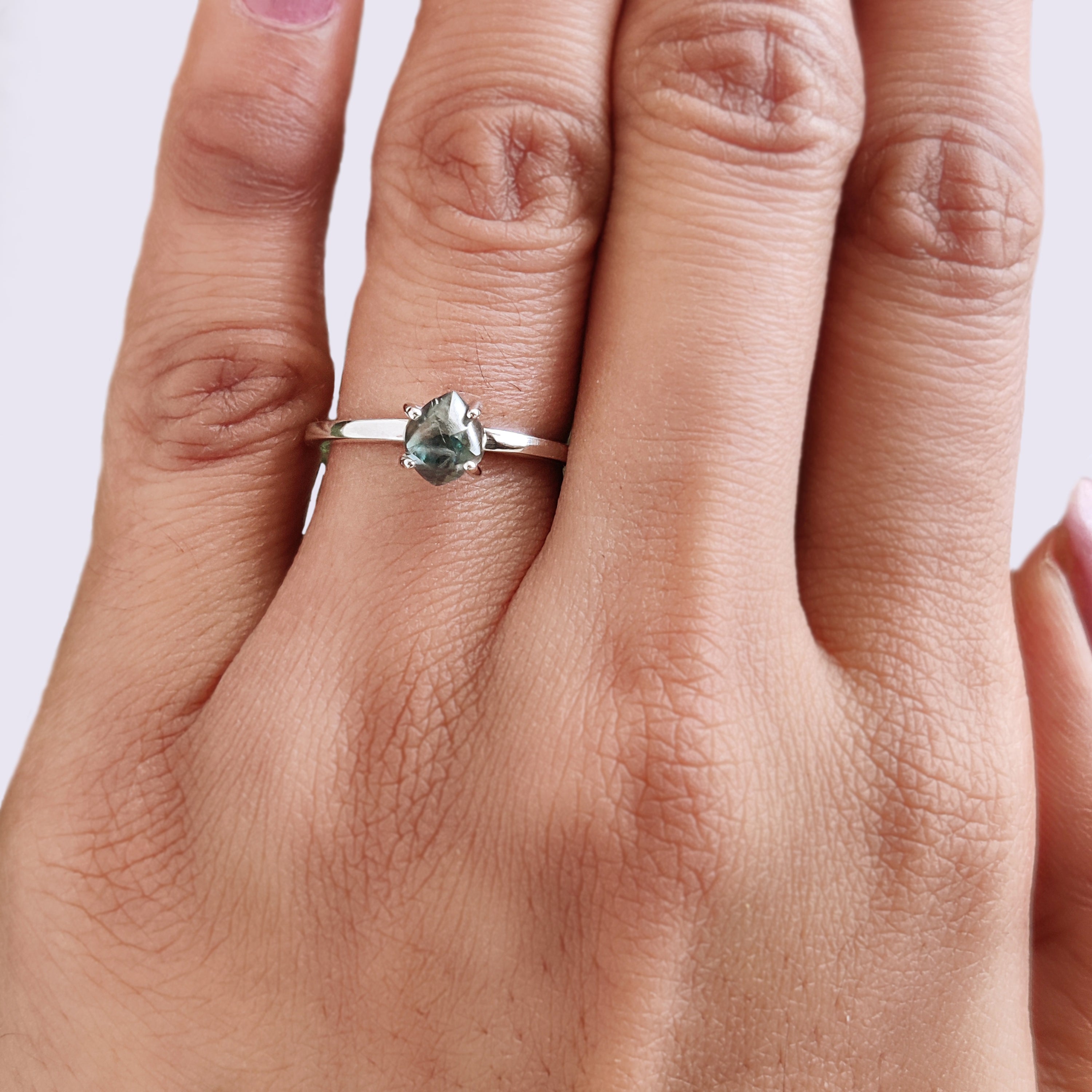 Rough Cut Blue Color Diamond Ring 1.35 Ct 6.40 MM Crystal Rough Diamond Ring 14K Solid White Gold Silver Engagement Ring Gift For Her QL2350