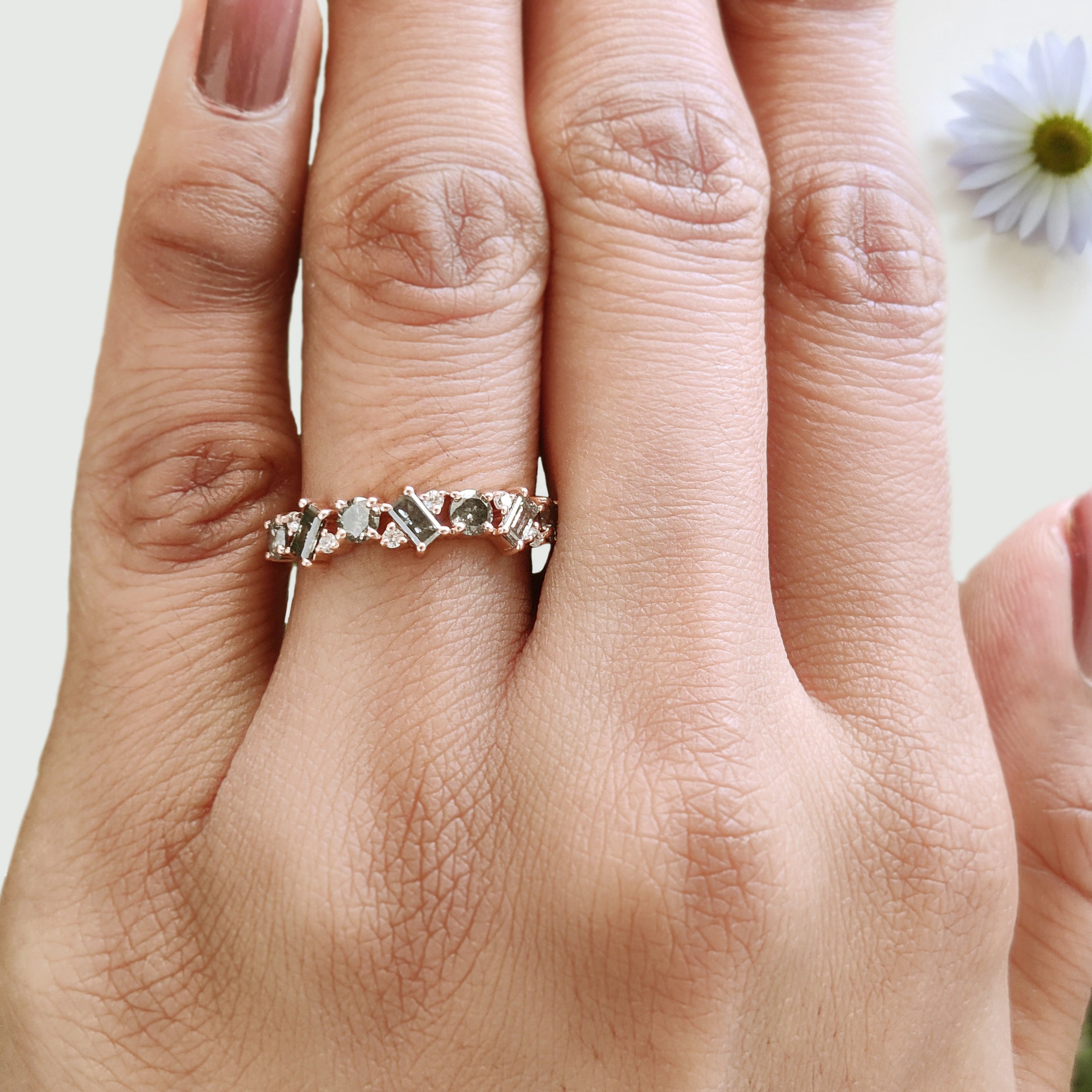 Round & Baguette Salt and Pepper Diamond Band, Half Eternity Wedding Ring in Solid Gold or Silver, Unique Anniversary Gift for Her FD549