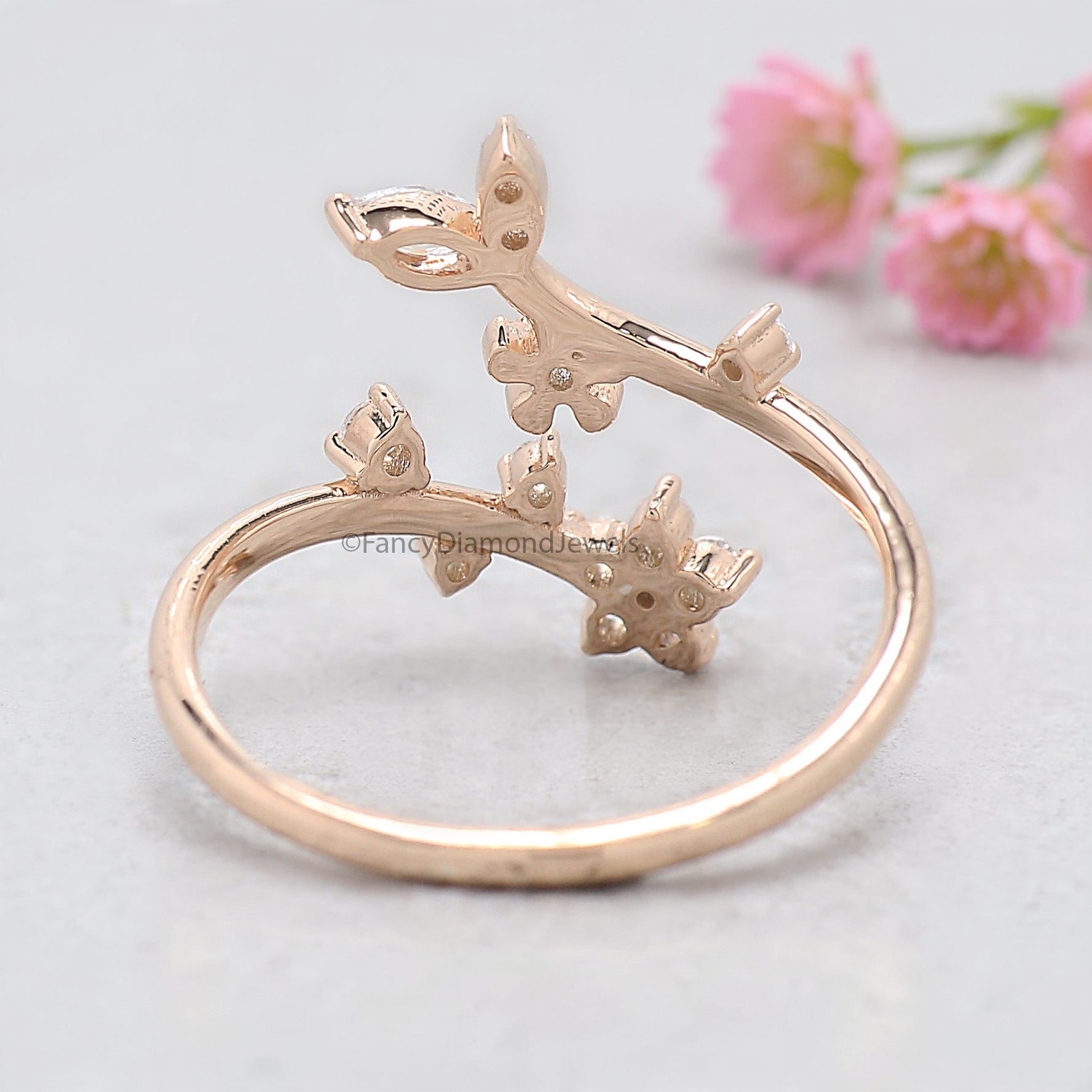 Marquise / Round Cut Wedding Ring Rose Gold Unique Anniversary Ring Spring Flower Ring Adjustable Delicate Personalized Gift For Her FD536