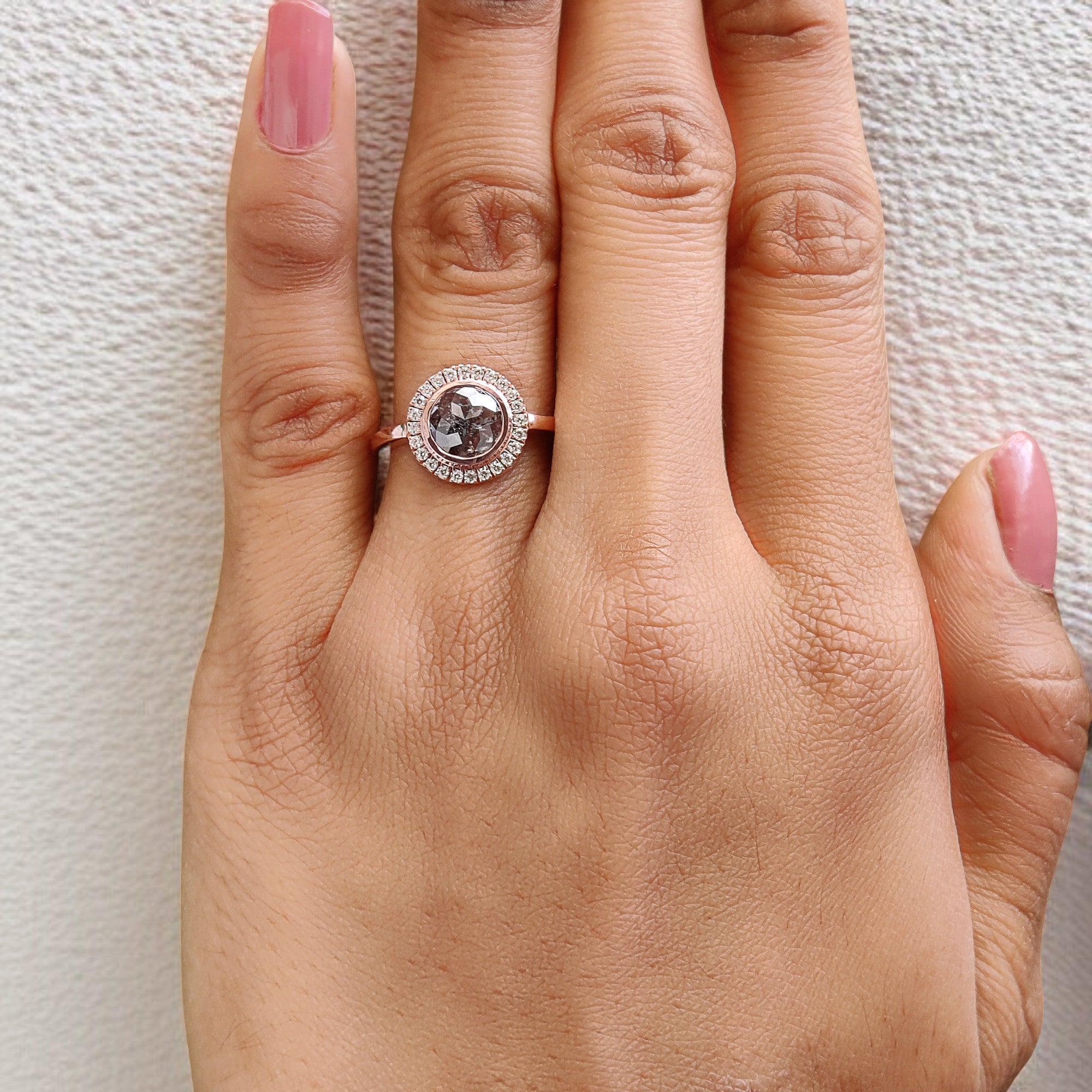 Round Rose Cut Salt And Pepper Diamond Ring 1.14 Ct 7.28 MM Round Diamond Ring 14K Rose Gold Silver Engagement Ring Gift For Her QL2590