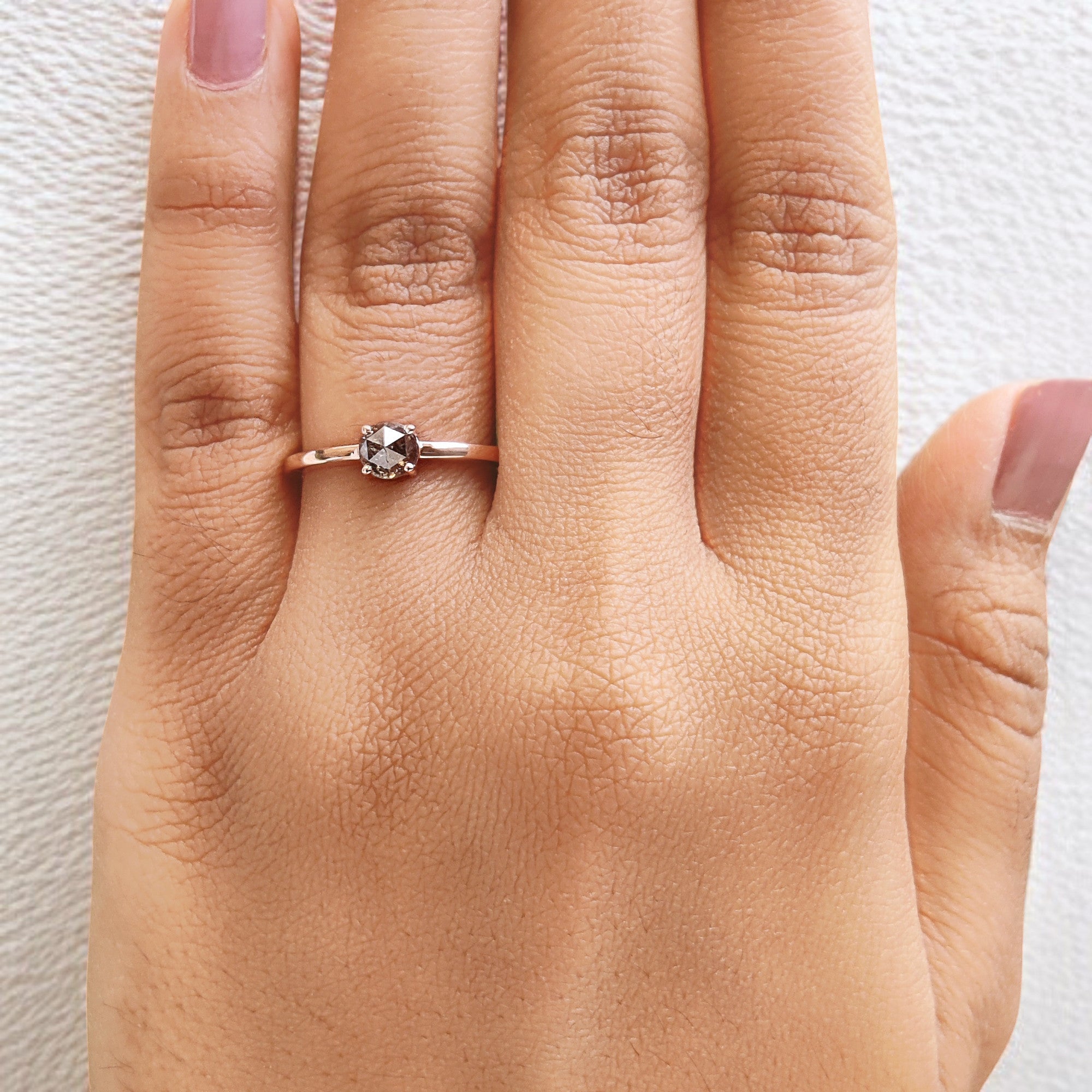 Round Rose Cut Salt And Pepper Diamond Ring 0.53 Ct 4.60 MM Round Shape Diamond Ring 14K Rose Gold Silver Engagement Ring Gift For Her QL7404