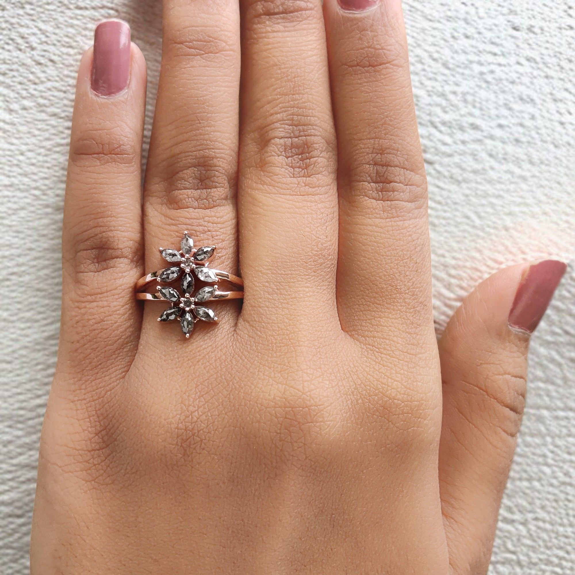 Marquise Cut Salt And Pepper Diamond Ring 0.99 Ct 4.30 MM Marquise Diamond Ring 14K Rose Gold Silver Engagement Ring Gift For Her QL1348