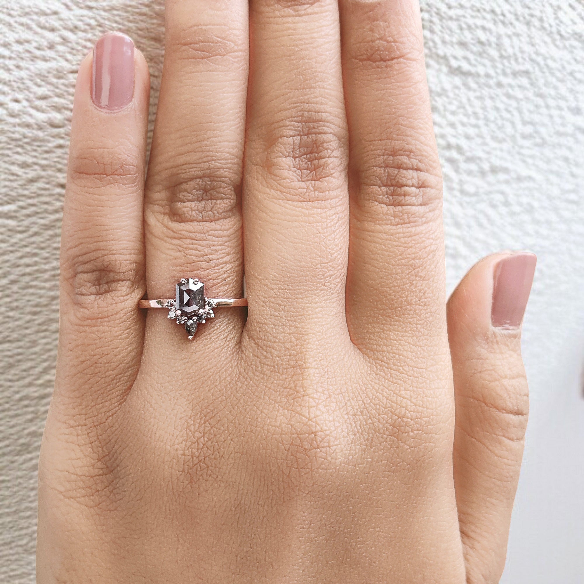 Hexagon Cut Salt And Pepper Diamond Ring 0.69 Ct 6.00 MM Hexagon Diamond Ring 14K Solid Rose Gold Silver Engagement Ring Gift For Her QN1480