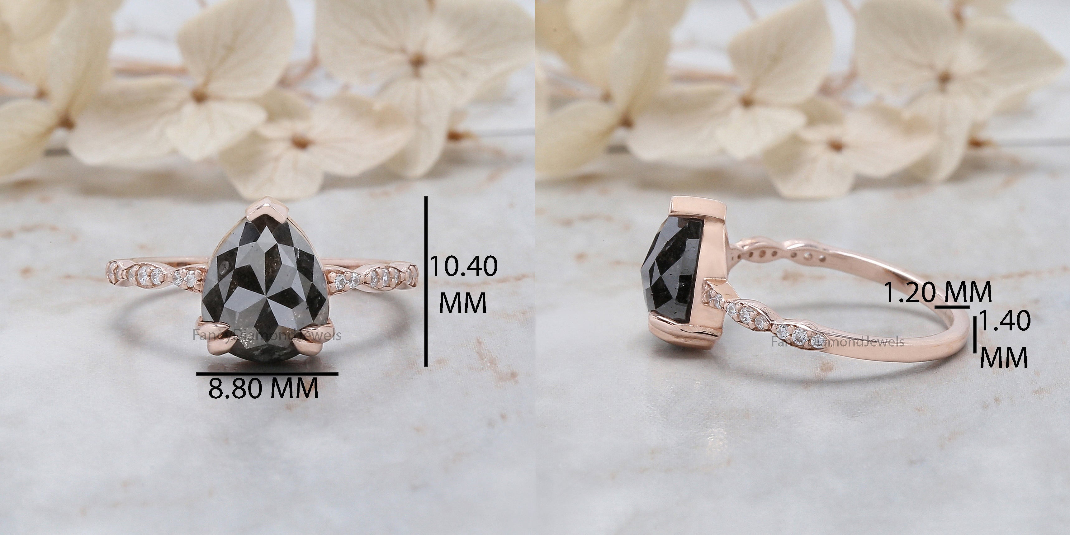 Pear Cut Salt And Pepper Diamond Ring 2.74 Ct 9.70 MM Pear Diamond Ring 14K Solid Rose Gold Silver Engagement Pear Ring Gift For Her QL3082