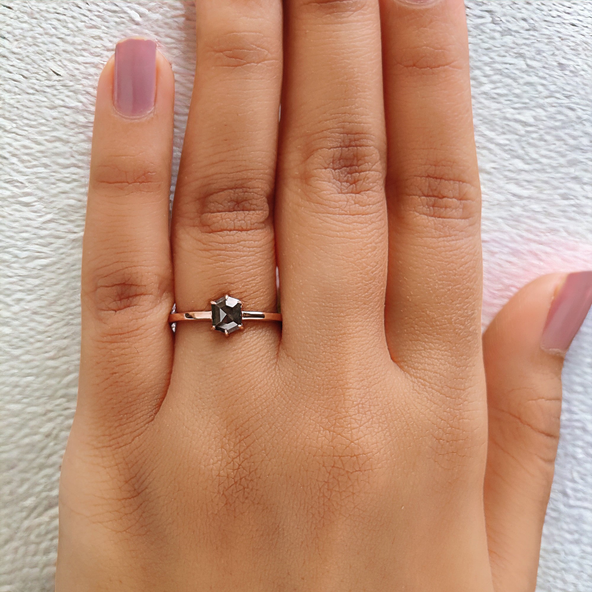 Hexagon Cut Salt And Pepper Diamond Ring 0.59 Ct 5.85 MM Hexagon Cut Diamond Ring 14K Rose Gold Silver Engagement Ring Gift For Her QL935