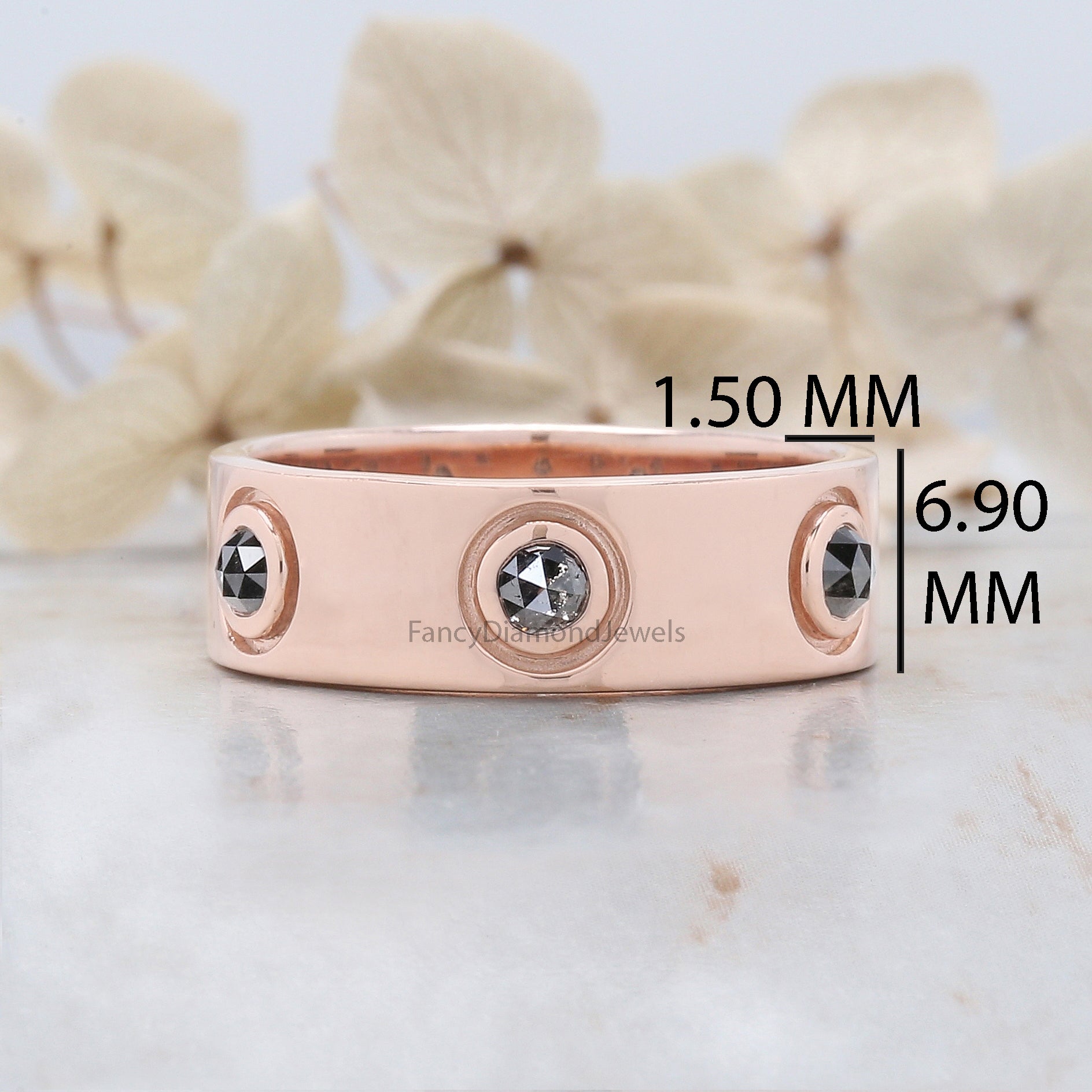 Round Rose Cut Salt And Pepper Diamond Band 1.17 Ct 3.30 MM Round Diamond Band 14K Rose Gold Silver Engagement Band Gift For Him QL6222