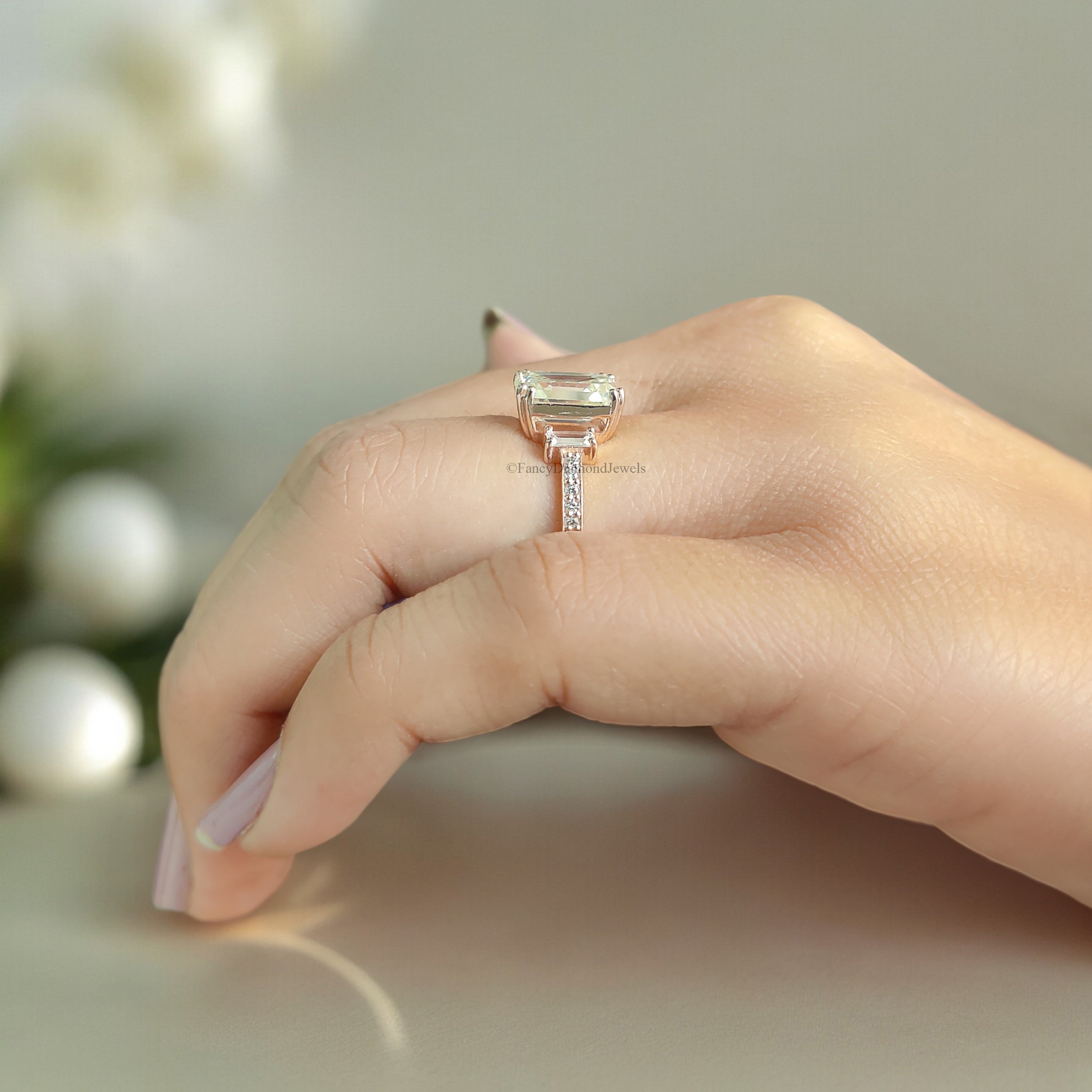 Vintage Emerald Cut Moissanite Ring Three Stone Engagement Ring Bridal Wedding Ring Anniversary Gift Ring Valentine's Gift For Women FD191