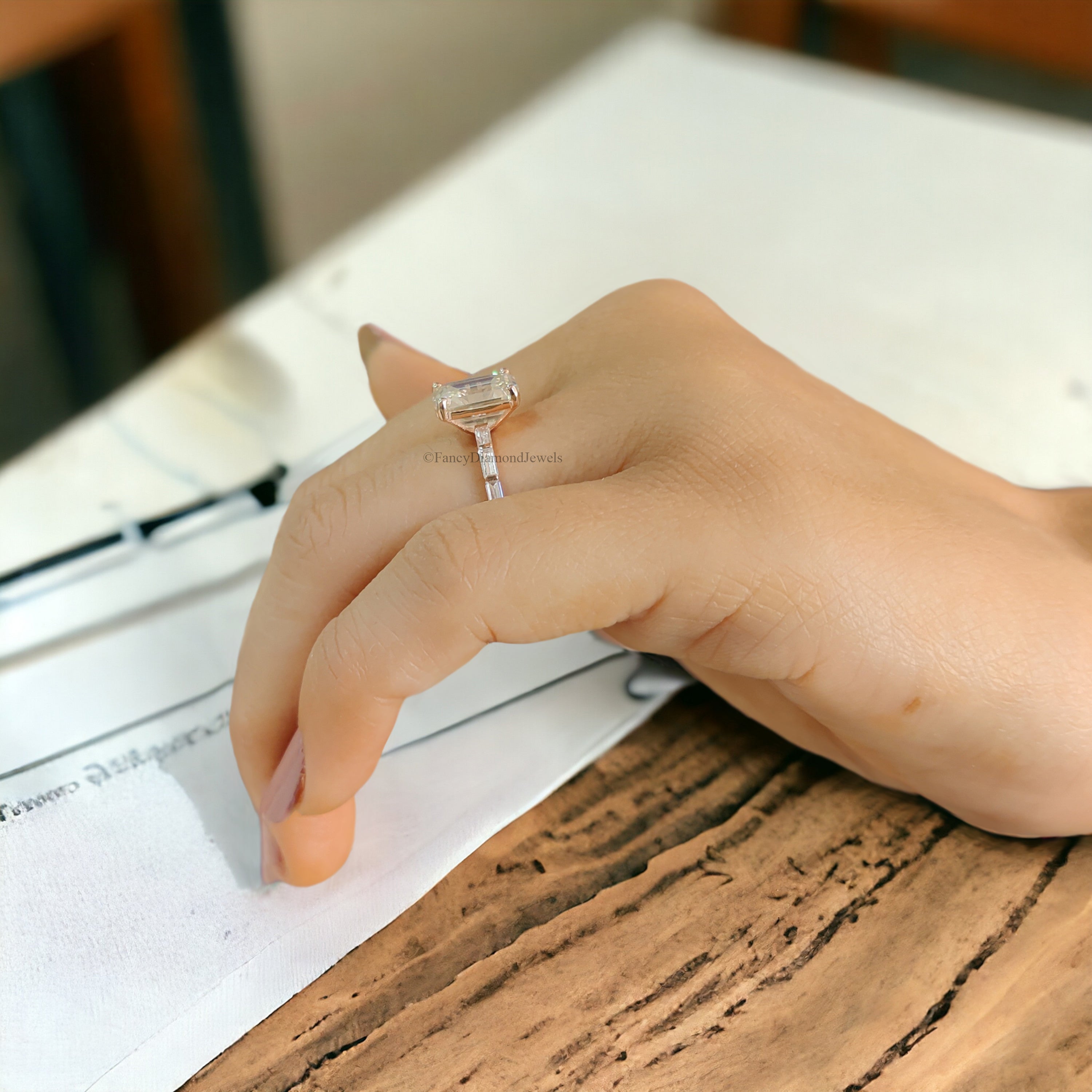 2.45 CT Emerald Cut Colorless Moissanite Engagement Ring Side Baguette Moissanite Wedding Ring Anniversary Gift For Her Handmade Ring FD149