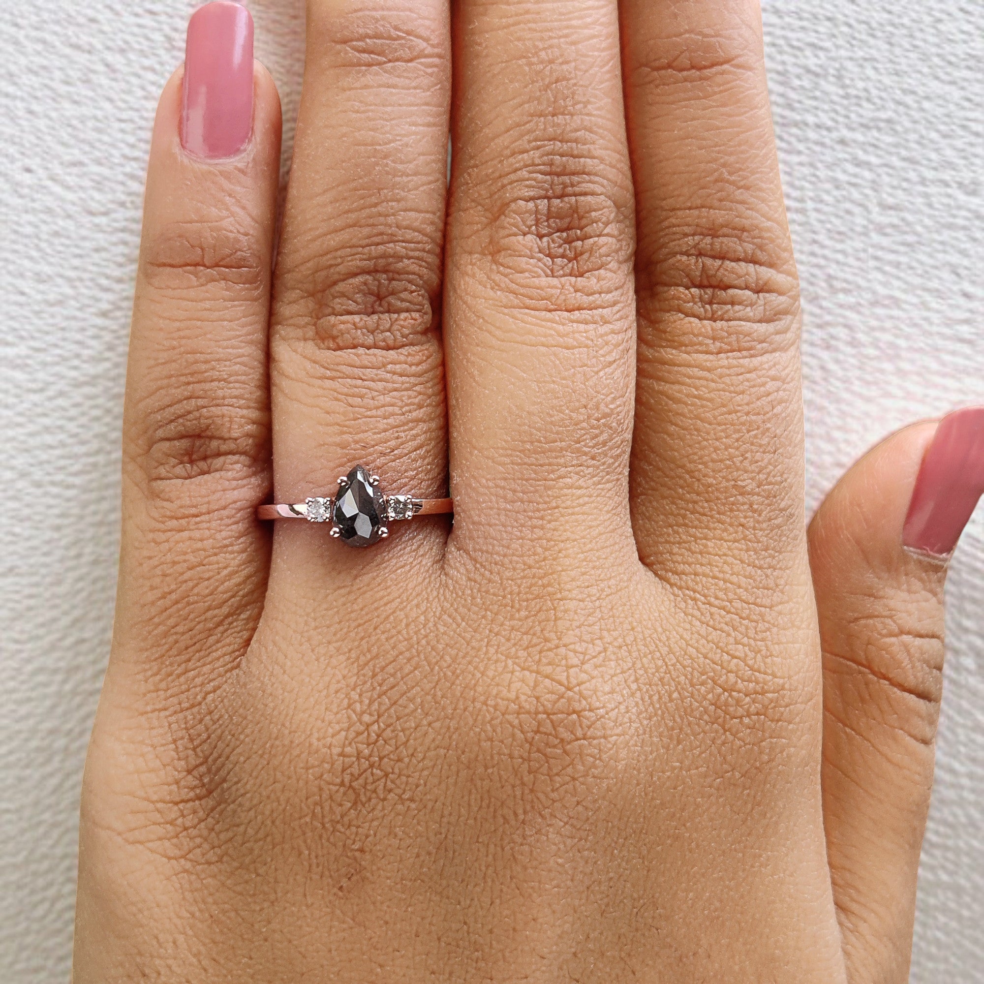 0.82 Ct Natural Pear Cut Salt And Pepper Diamond Ring 7.30 MM Pear Diamond Ring 14K Solid Rose Gold Silver Engagement Ring Pear Ring QL9907