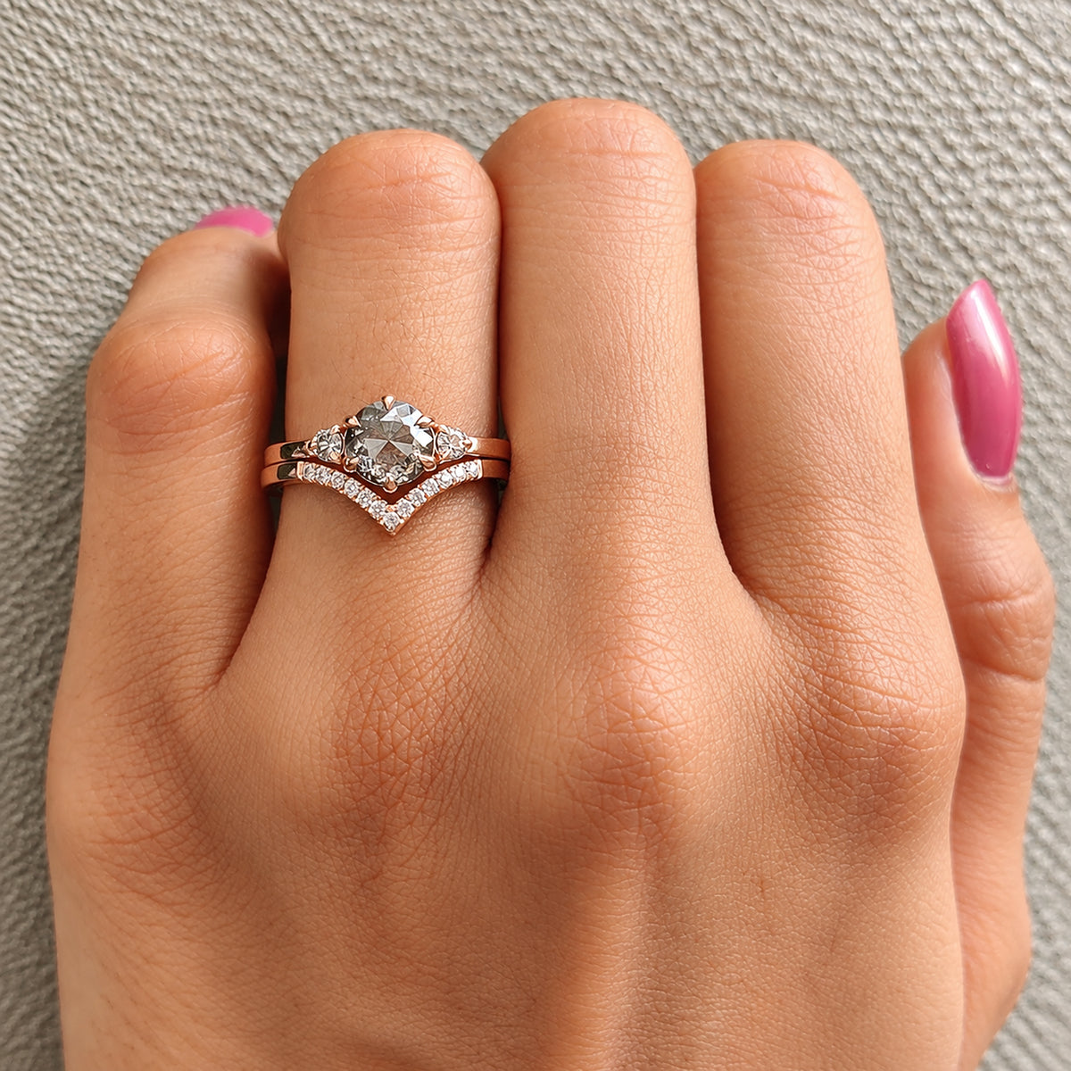 Round Rose Cut Salt and Pepper Diamond Ring, 14K Rose Gold Round Engagement Ring, Bridal Ring Set, Unique Diamond Ring Gift for Her KDL3613