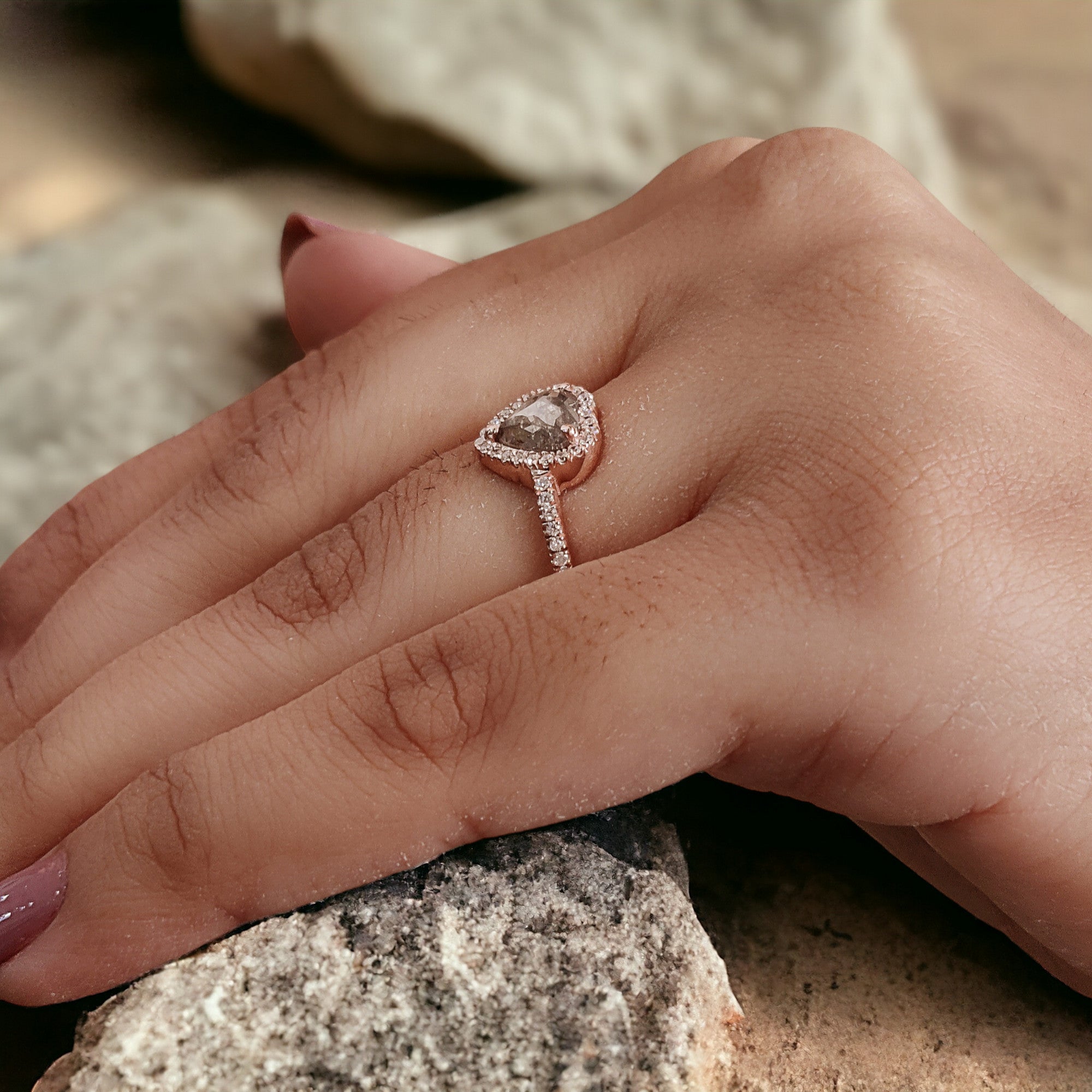 Heart Cut Salt And Pepper Diamond Ring 0.66 Ct 6.45 MM Heart Diamond Ring 14K Solid Rose Gold Silver Engagement Ring Gift For Her QL1623