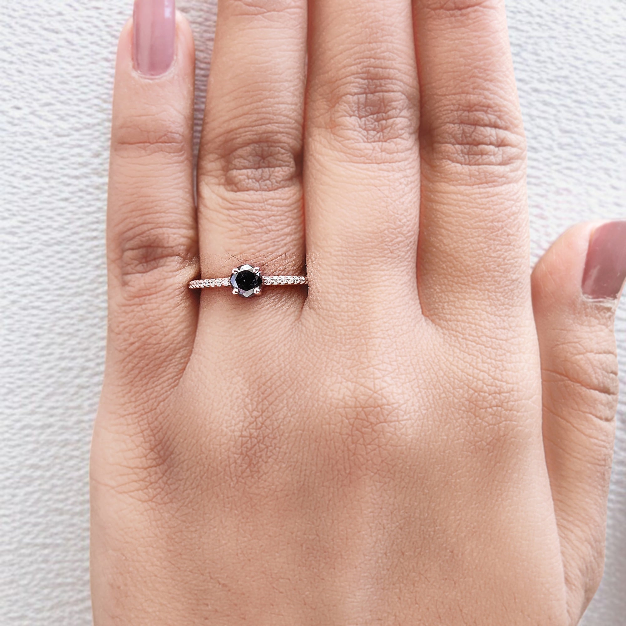 0.43 Ct Natural Round Shape Salt And Pepper Diamond Ring 4.75 MM Round Cut Diamond Ring 14K Solid Rose Gold Silver Engagement Ring QL5995