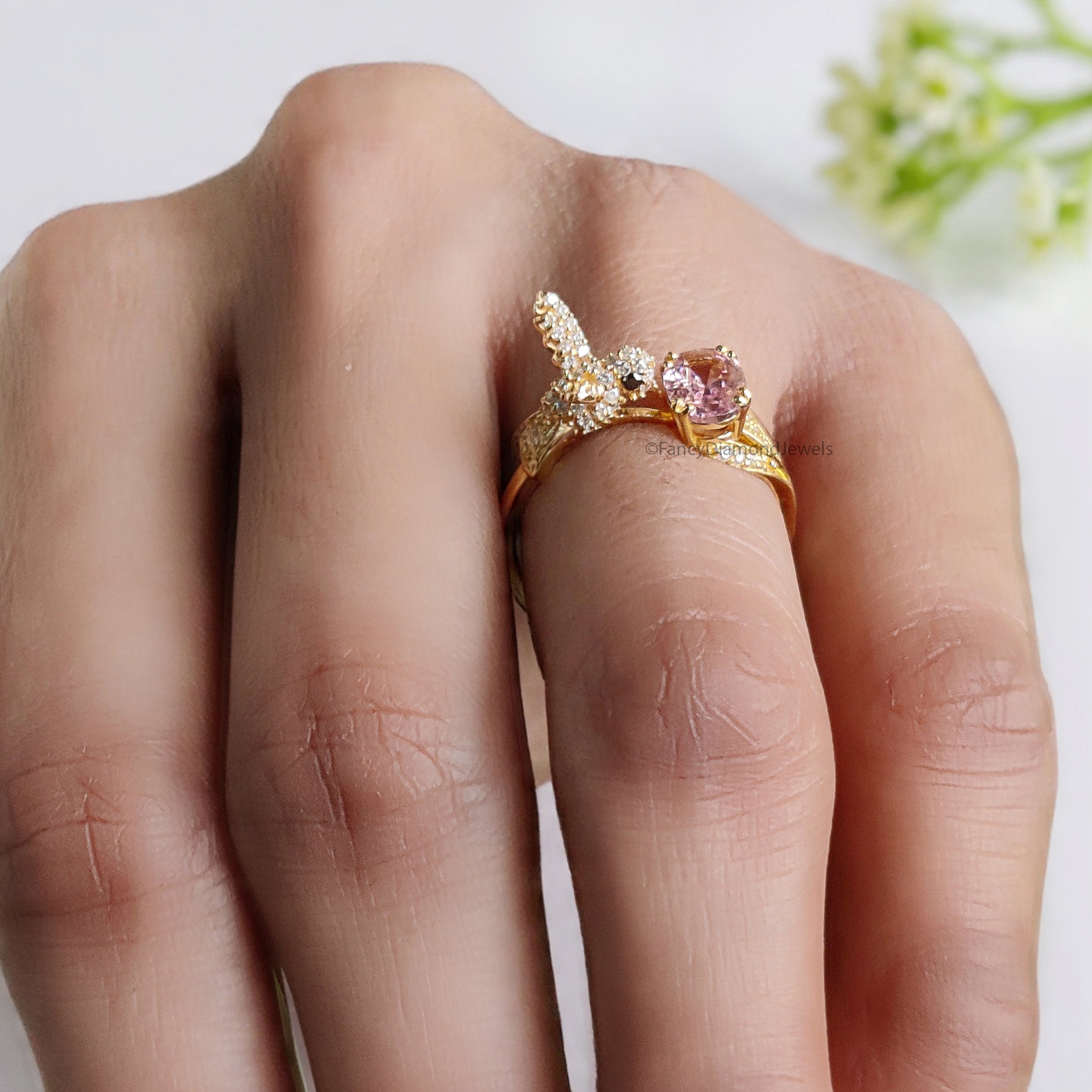 Oval Diamond Bird Ring Simulated Diamond Engagement Ring Yellow Plated Ring Anniversary Ring Simulant Pink Oval ring Gift For Her FD532