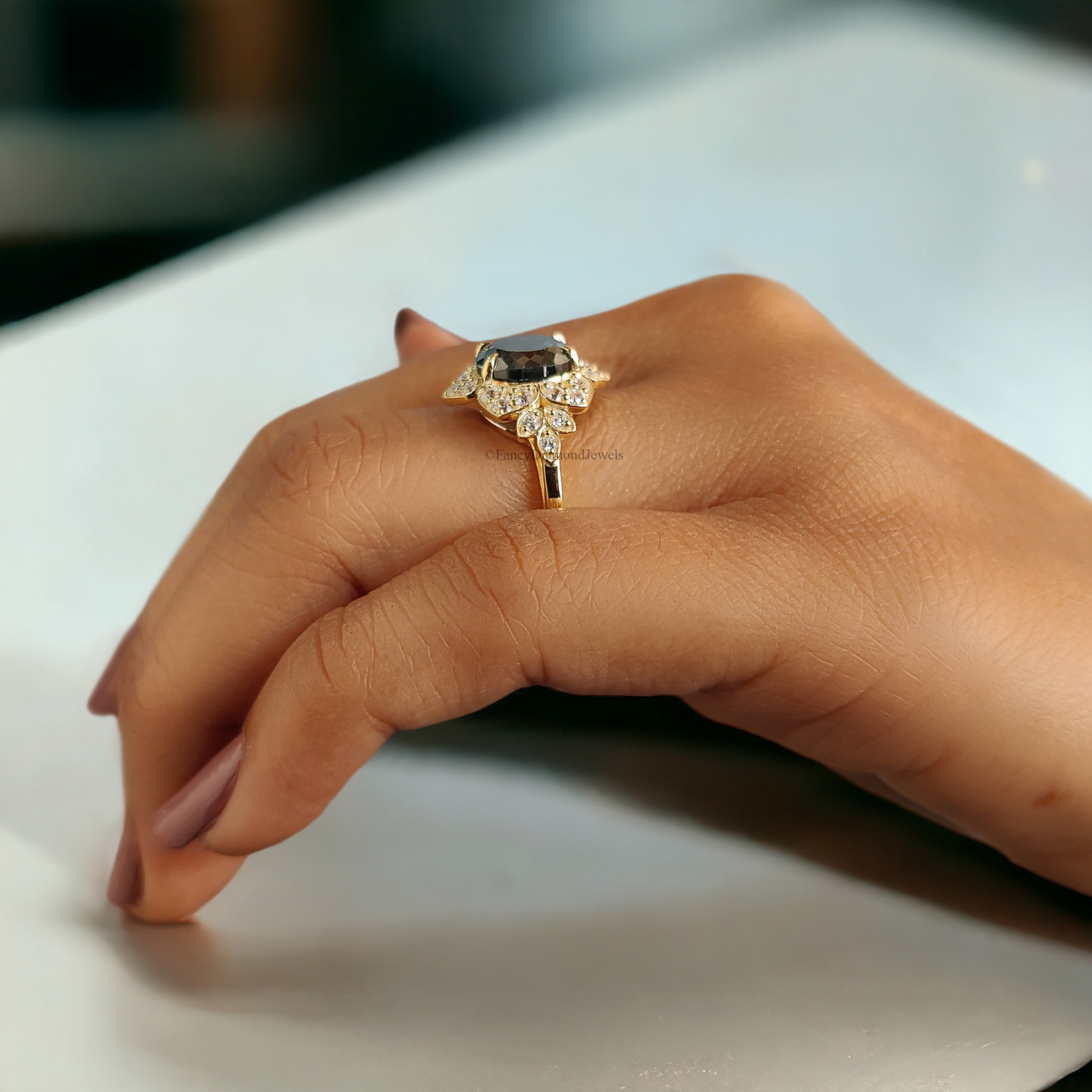 Portuguese Round Cut 8 mm Blue Moissanite Engagement Ring Yellow Gold Vintage Ring Anniversary Ring Gift Blue Moissanite Wedding Ring FD184