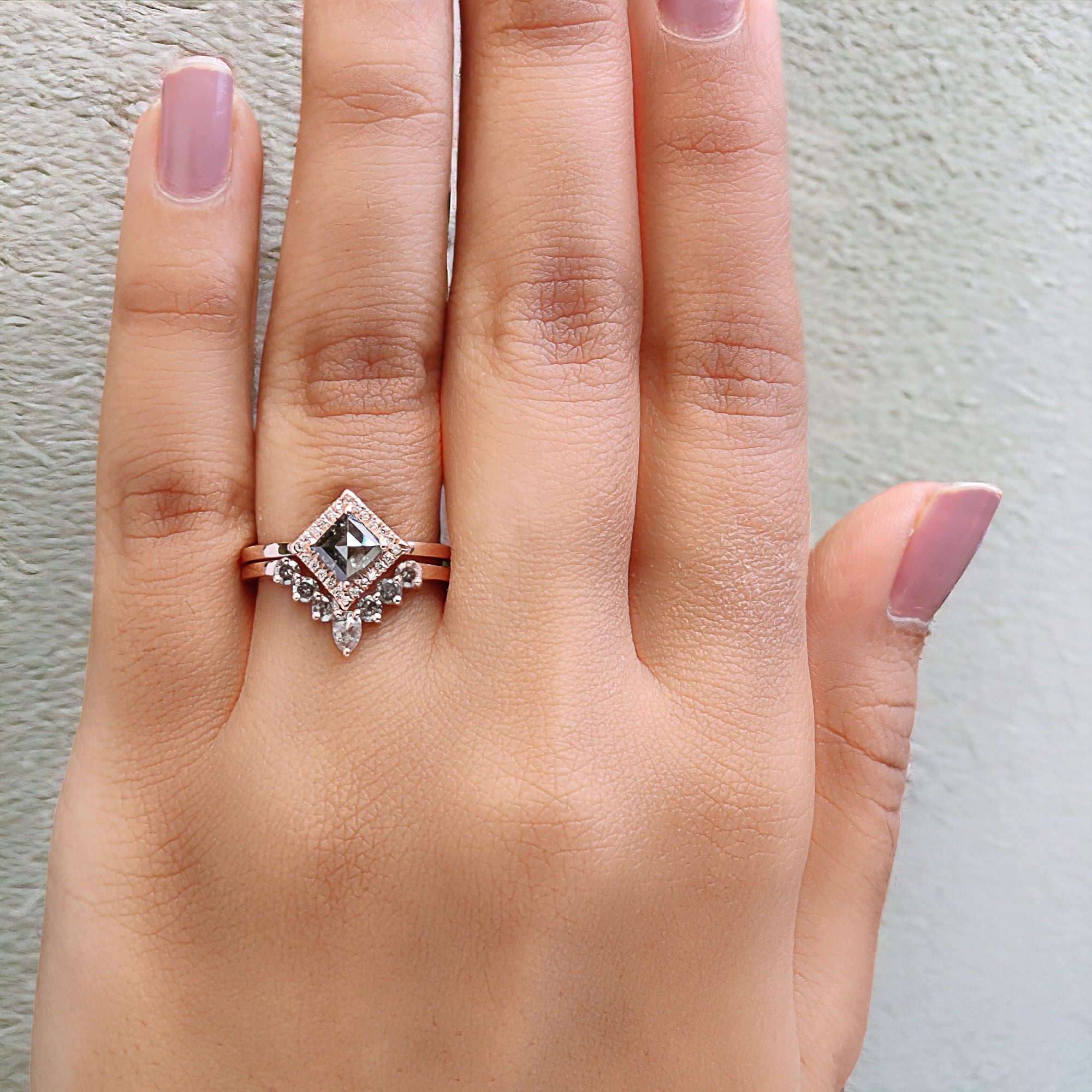 Kite Cut Salt And Pepper Diamond Ring 0.60 Ct 6.80 MM Kite Diamond Ring 14K Solid Rose Gold Silver Kite Engagement Ring Gift For Her QL159