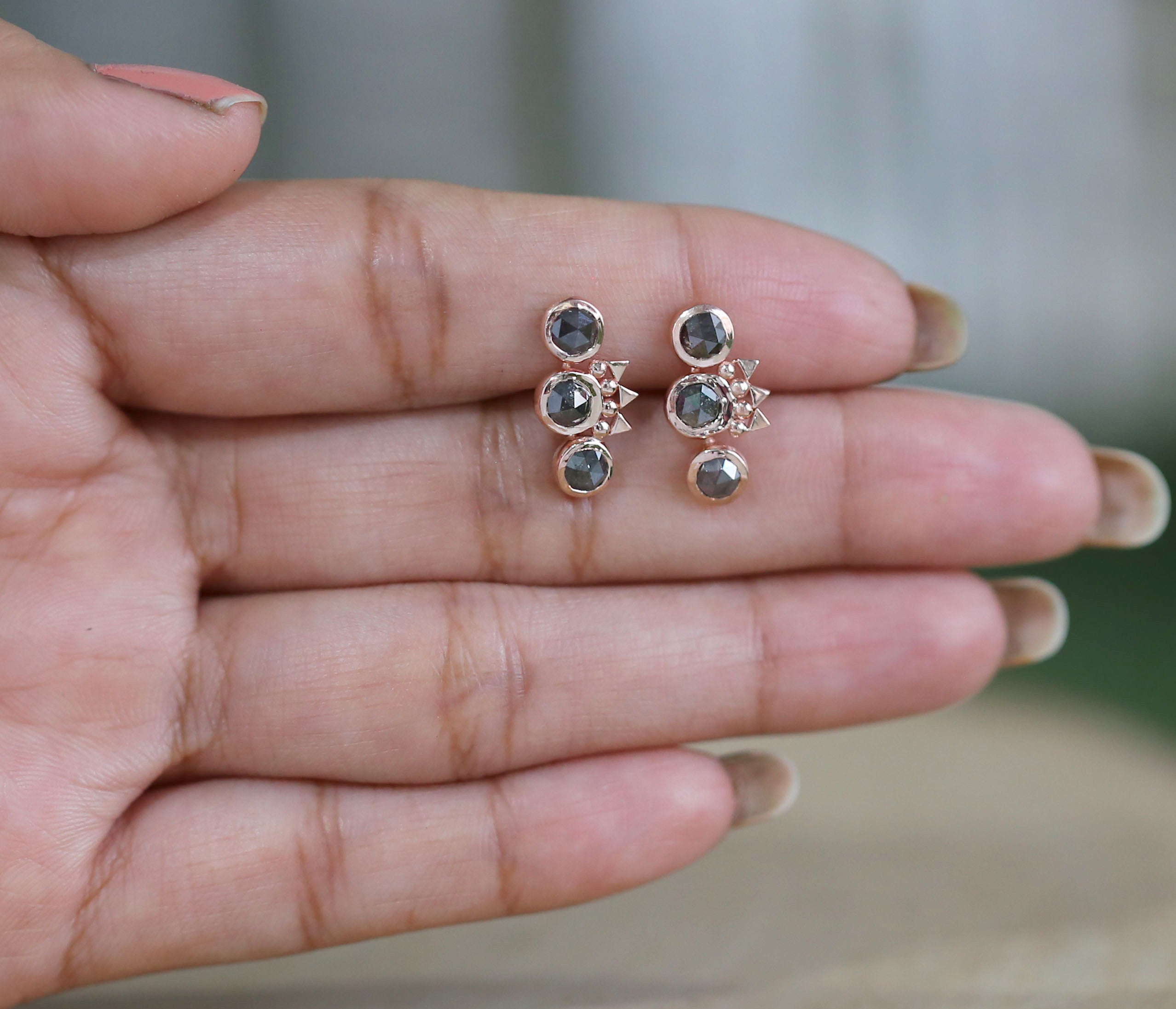 Round Salt And Pepper Diamond Earring Round Rose Shape Earring Bezel Earring Engagement Earring Earlobe Earrings Gift For Her KDN2059