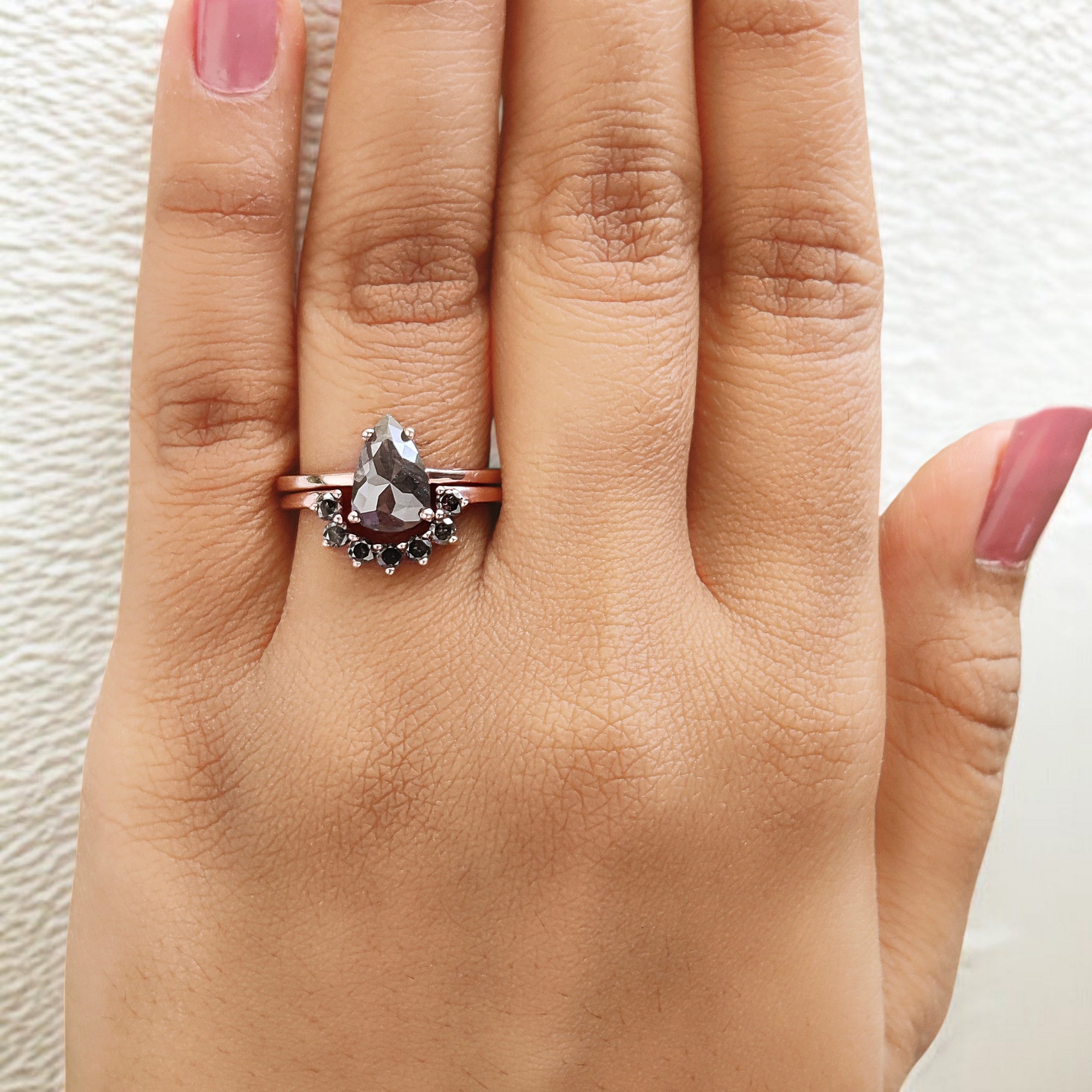 1.37 Ct Natural Pear Cut Salt And Pepper Diamond Ring 9.60 MM Pear Diamond Ring 14K Solid Rose Gold Silver Engagement Ring Pear Ring QL1577