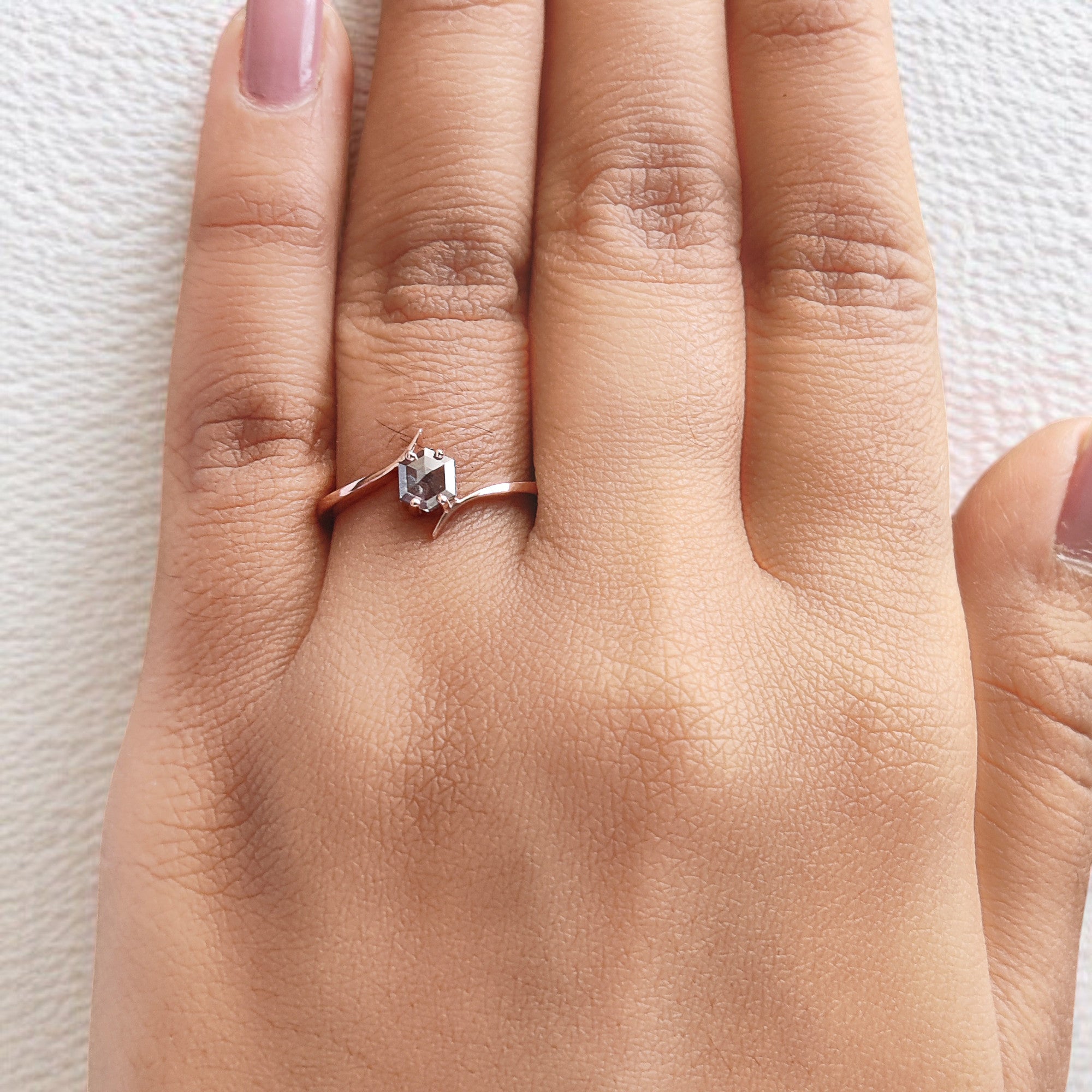 Hexagon Shape Black Color Diamond Ring 0.43 Ct 5.00 MM Hexagon Diamond Ring 14K Solid Rose Gold Silver Engagement Ring Gift For Her QN601