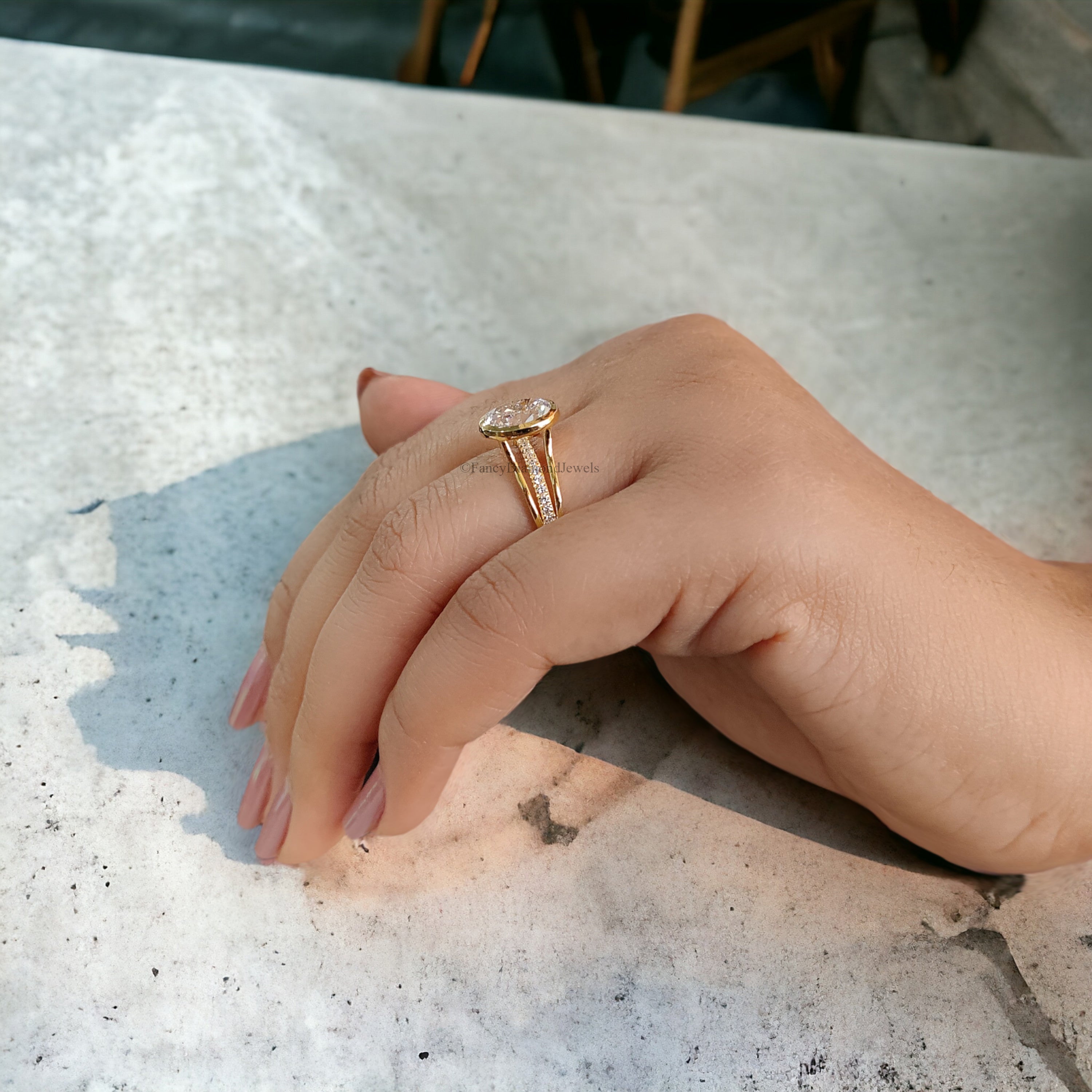 3.30 CT Vintage Style Oval Cut Solitaire With Accent Moissanite Engagement Ring Full Bezel Diamond Ring Split Shank Ring 14K Gold Ring FD147