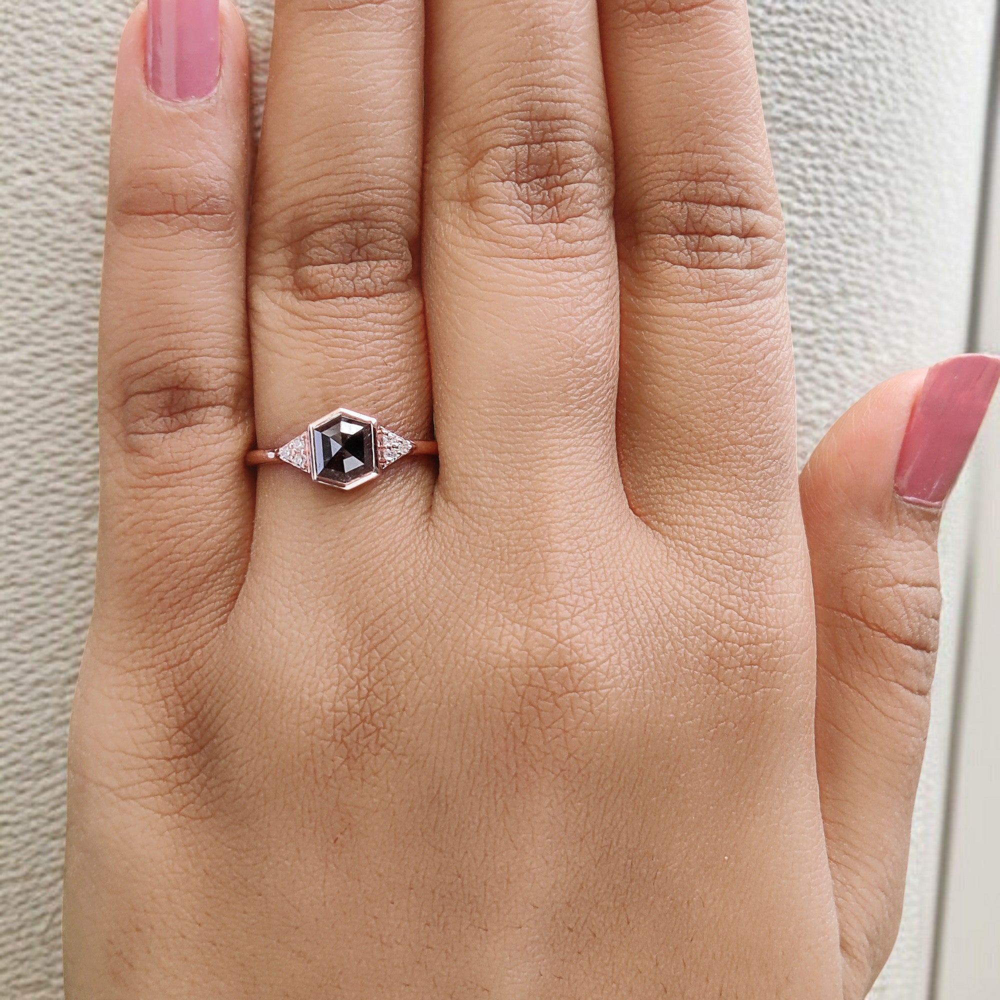 Hexagon Salt And Pepper Diamond Ring 0.89 Ct 6.37 MM Hexagon Cut Diamond Ring 14K Solid Rose Gold Silver Engagement Ring Gift For Her QL2163