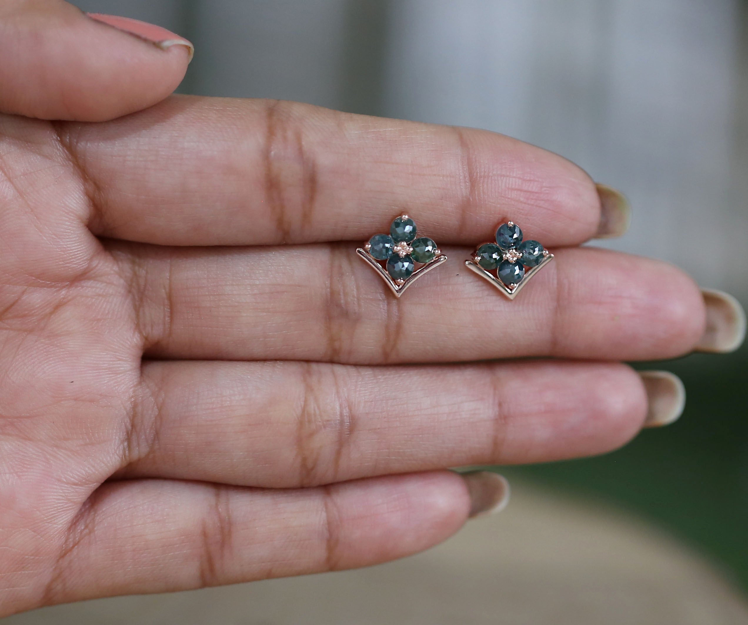 Round Rose Cut Blue Color Diamond Earring Round Rose Shape Earring Prong Earring Engagement Earring Earlobe Earrings Gift For Her KDN7006