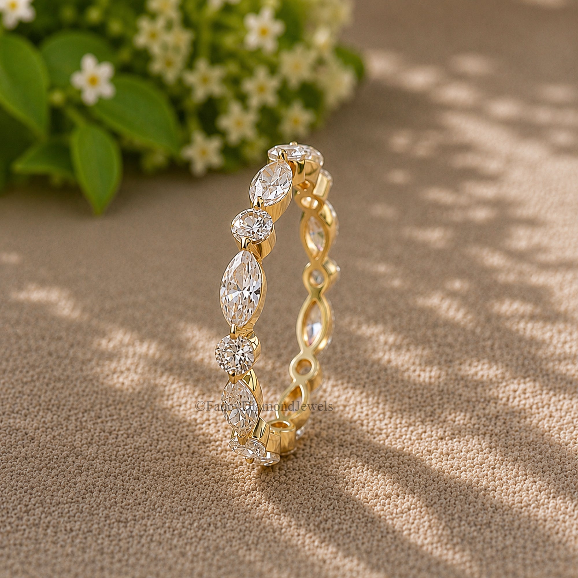 14K Moissanite Diamond Wedding Band, Alternating Marquise and Round Cut Dainty Stackable Eternity Ring, Bridal Anniversary Gifts FD586