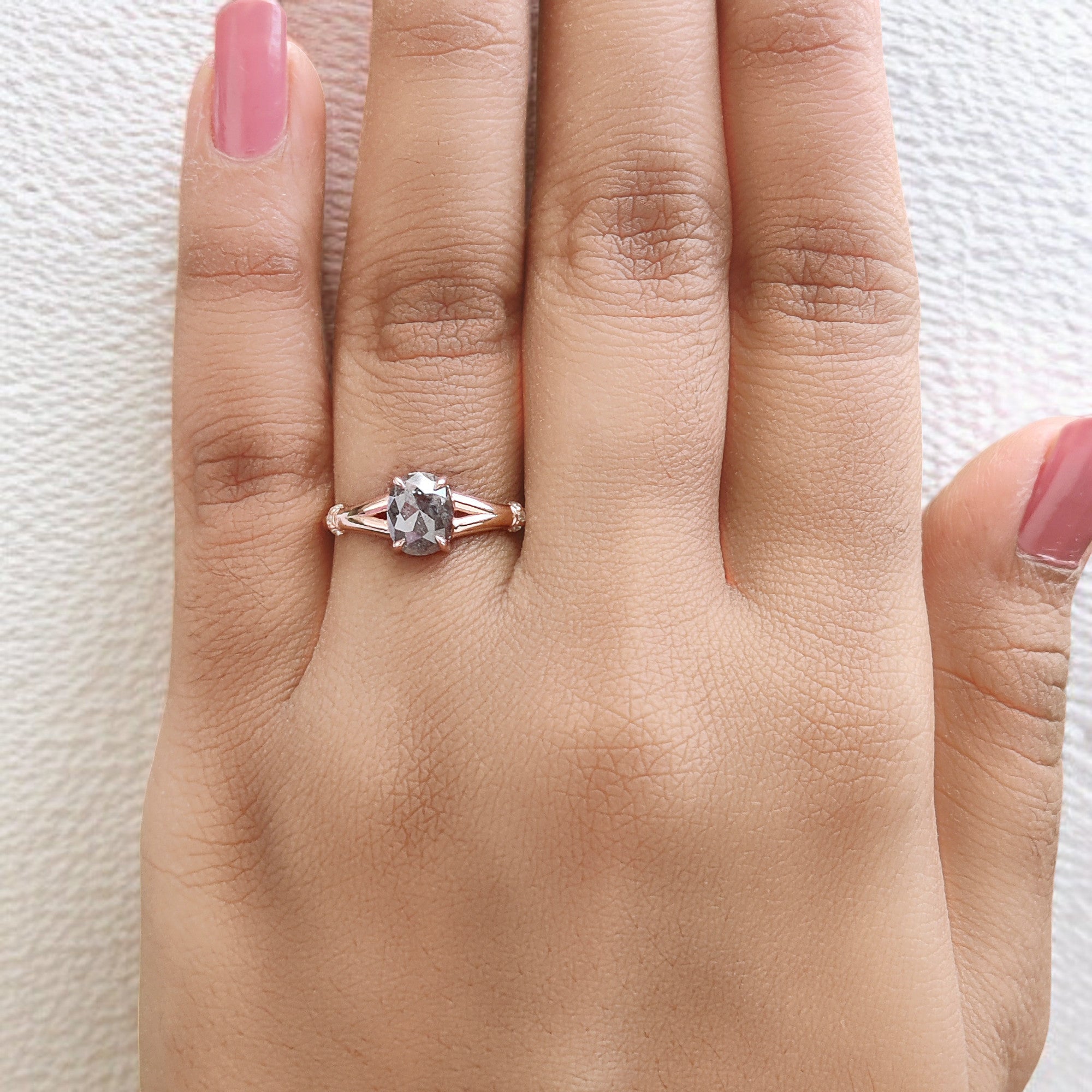 Oval Cut Salt And Pepper Diamond Ring 0.89 Ct 6.90 MM Oval Shape Diamond Ring 14K Solid Rose Gold Silver Engagement Ring Gift For Her QL1445