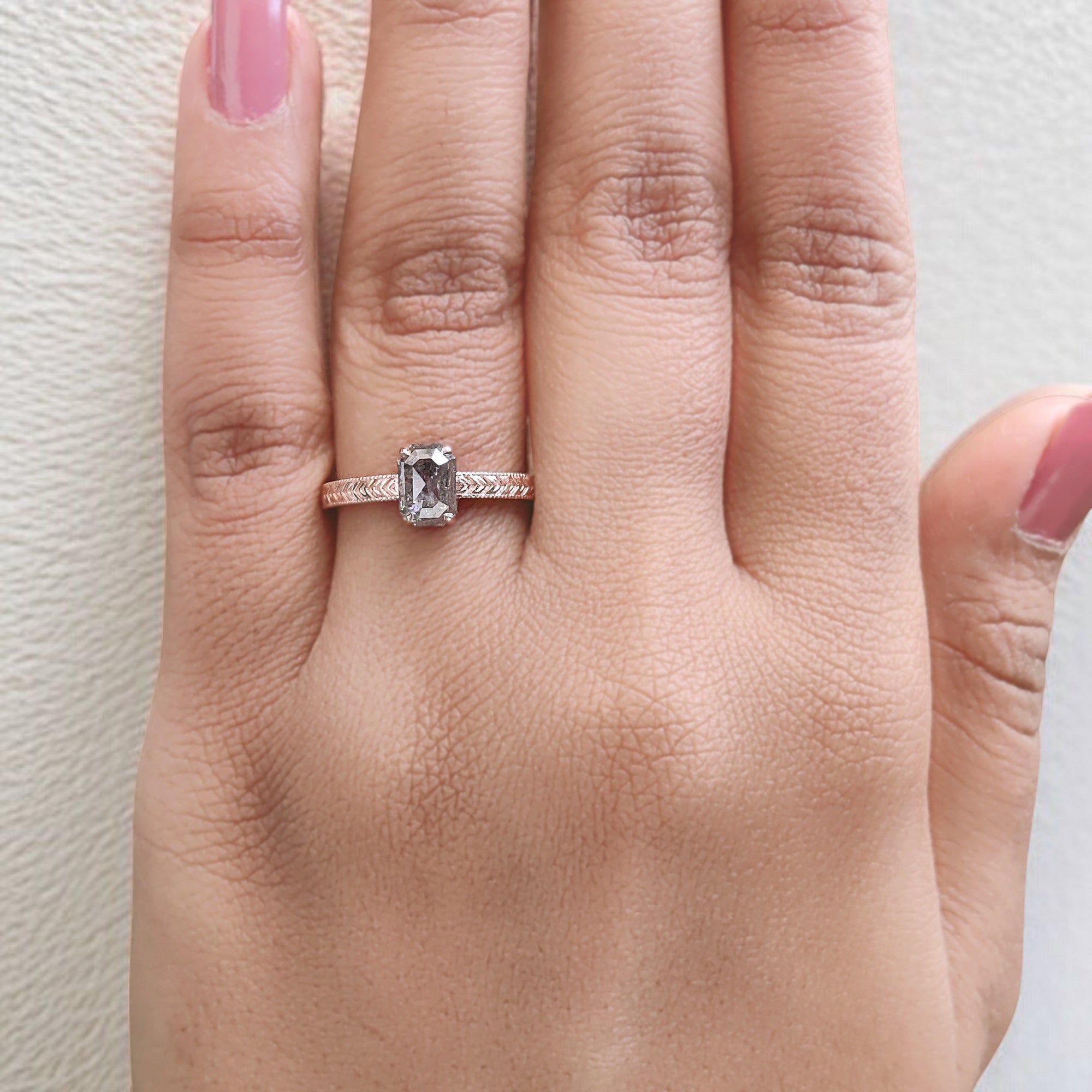 Emerald Salt And Pepper Diamond Ring 1.20 Ct 6.74 MM Emerald Diamond Ring 14K Solid Rose Gold Silver Engagement Ring Gift For Her QL9570