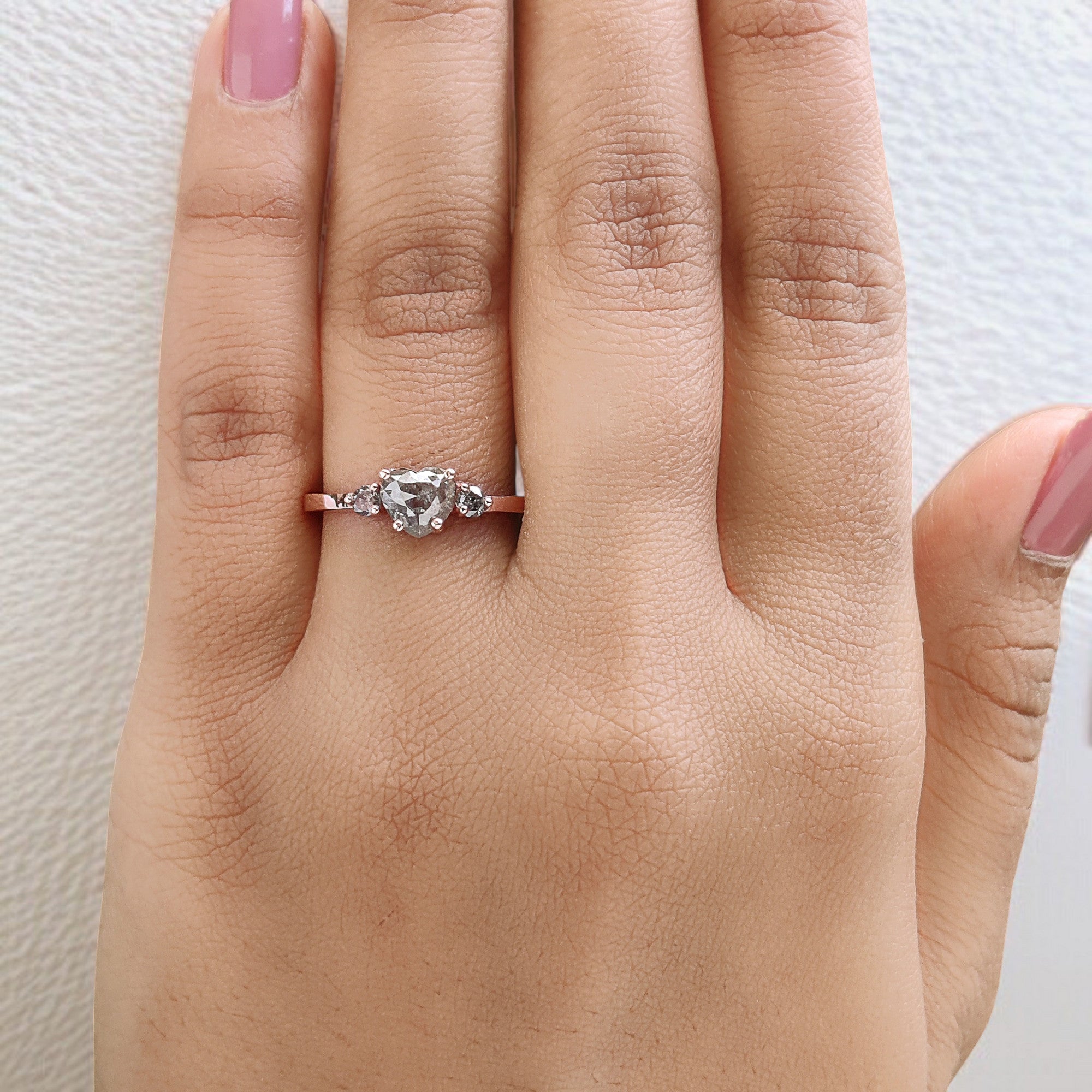 Heart Salt And Pepper Diamond Ring 0.69 Ct 5.60 MM Heart Shape Diamond Ring 14K Solid Rose Gold Silver Engagement Ring Gift For Her QL1624