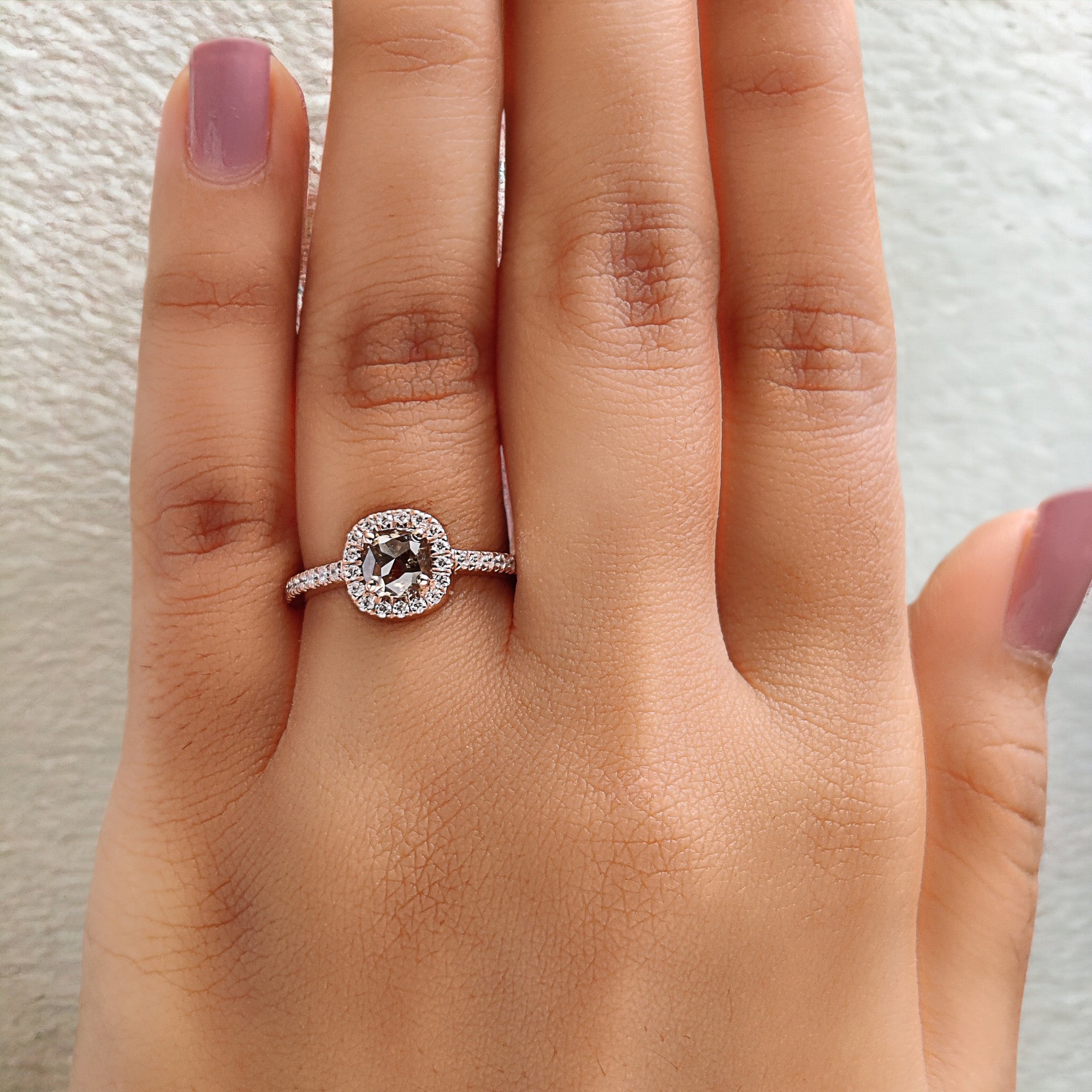 0.85 Ct Natural Cushion Cut Salt And Pepper Diamond Ring 5.35 MM Cushion Shape Diamond Ring 14K Solid Rose Gold Silver Engagement Ring QN709