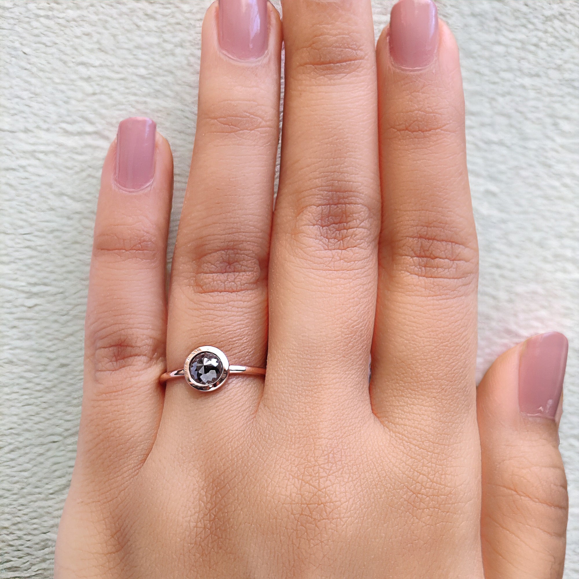 Round Rose Cut Salt And Pepper Diamond Ring 0.90 Ct 5.60 MM Round Shape Diamond Ring 14K Rose Gold Silver Engagement Ring Gift For Her QN8896