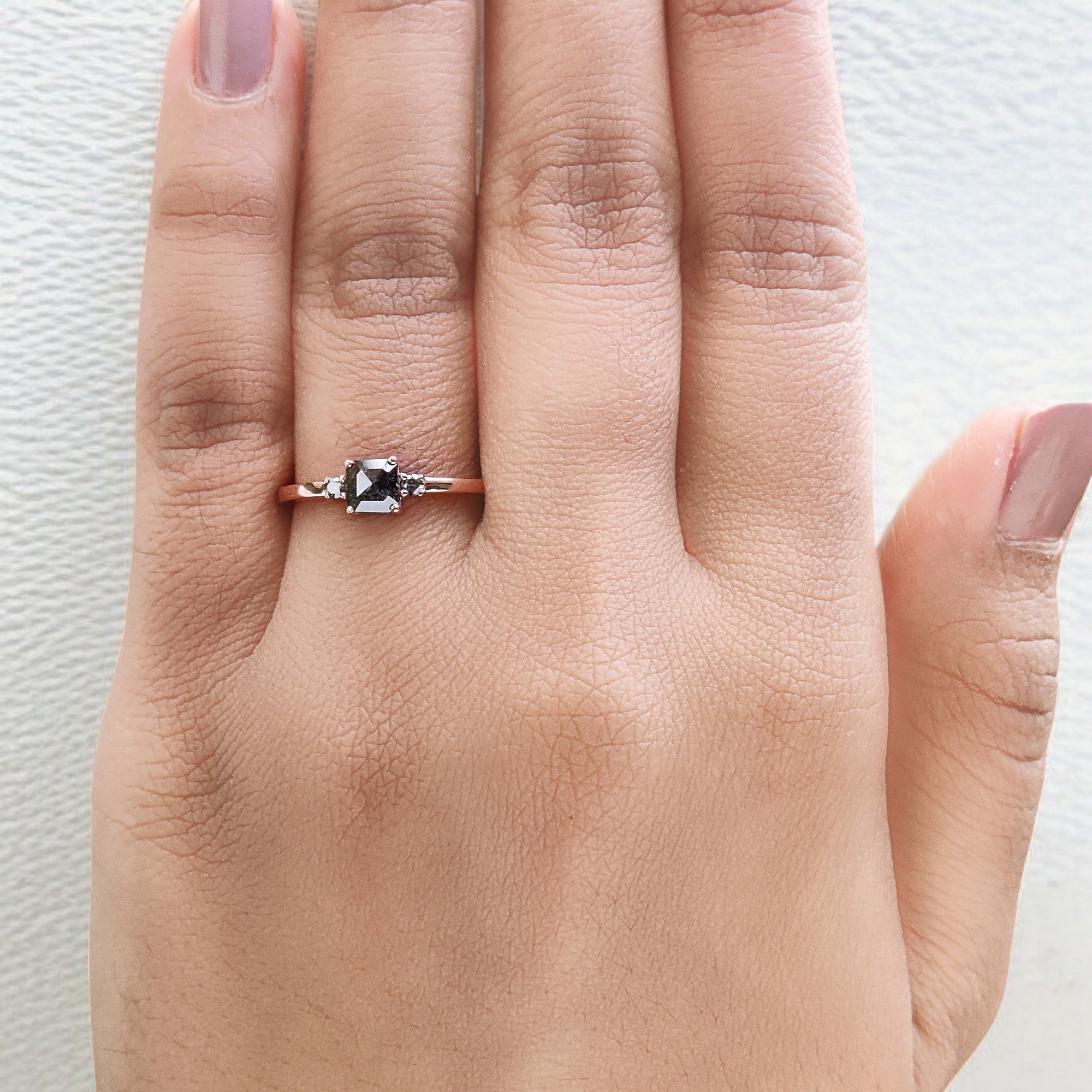 Emerald Cut Salt And Pepper Diamond Ring 0.47 Ct 4.50 MM Emerald Diamond Ring 14K Solid Rose Gold Silver Engagement Ring Gift For Her QL6853