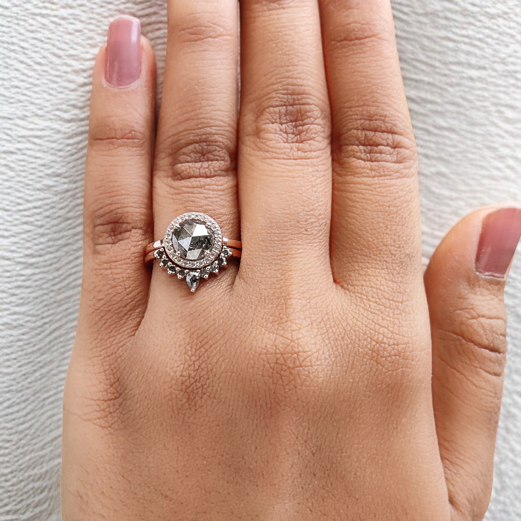 1.86 Ct Natural Round Rose Cut Salt And Pepper Diamond Ring 7.25 MM Round Diamond Ring 14K Solid Rose Gold Silver Engagement Ring QL2001